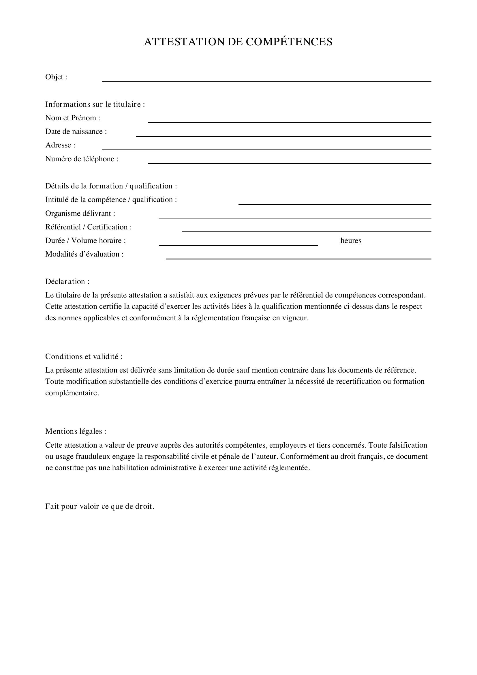 Attestation De Compétences
