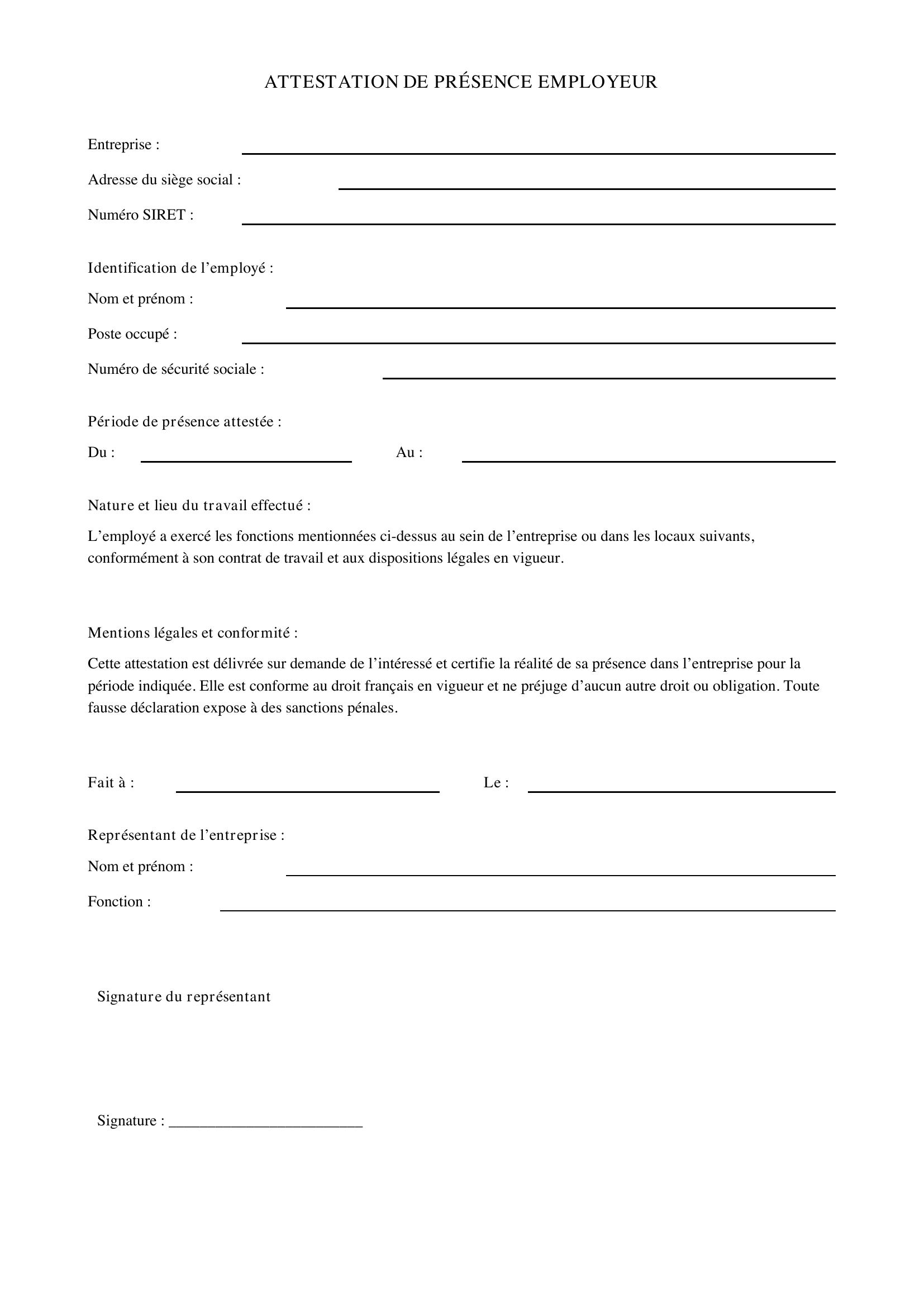 Attestation De Présence Employeur