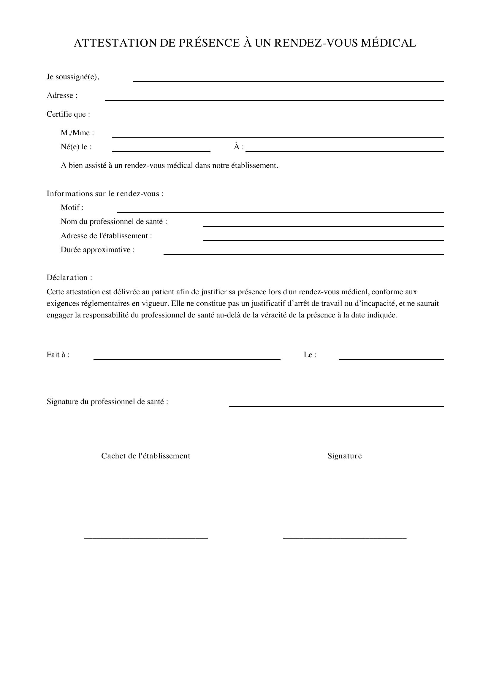 Attestation De Présence Rdv Médical