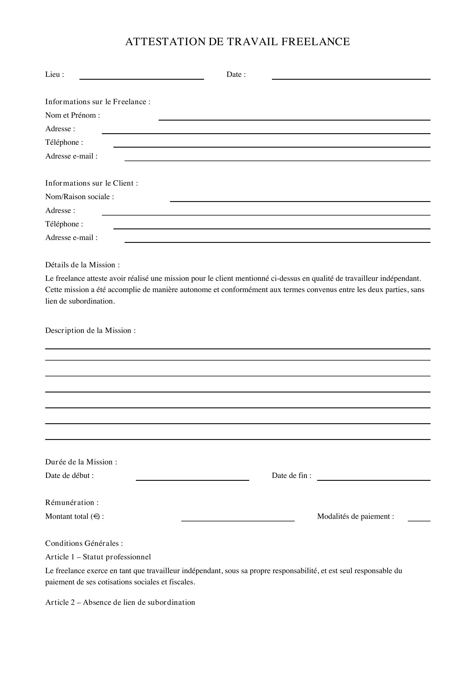 Attestation De Travail Freelance