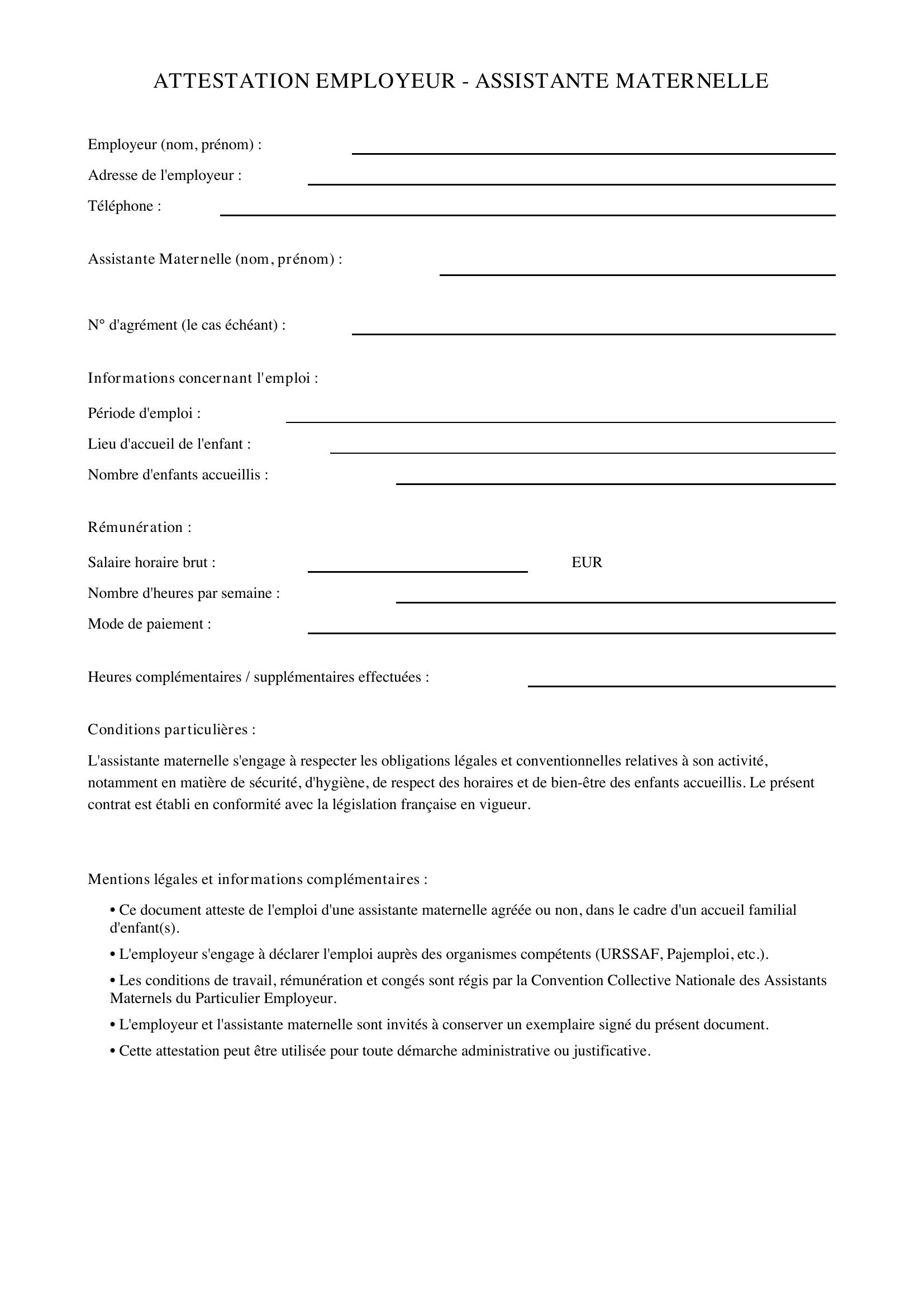 Attestation Employeur Assistante Maternelle