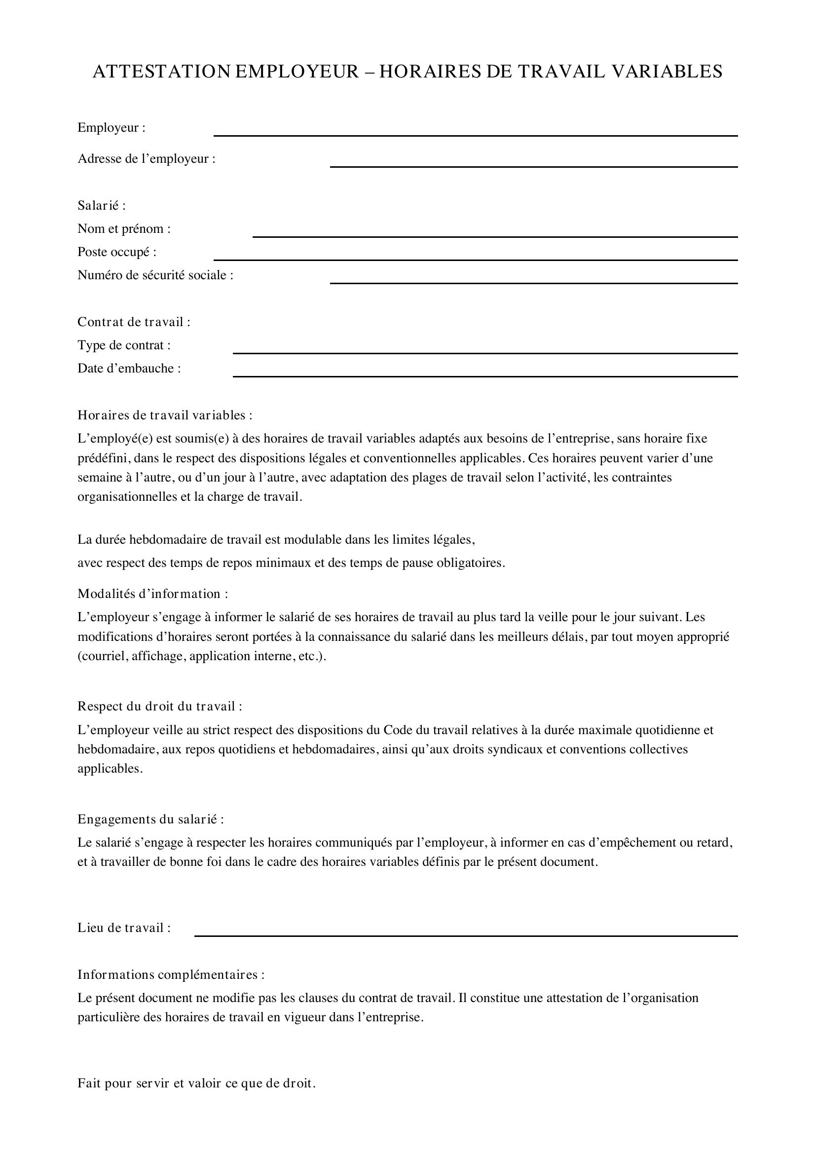 Attestation Employeur Horaires De Travail Variables