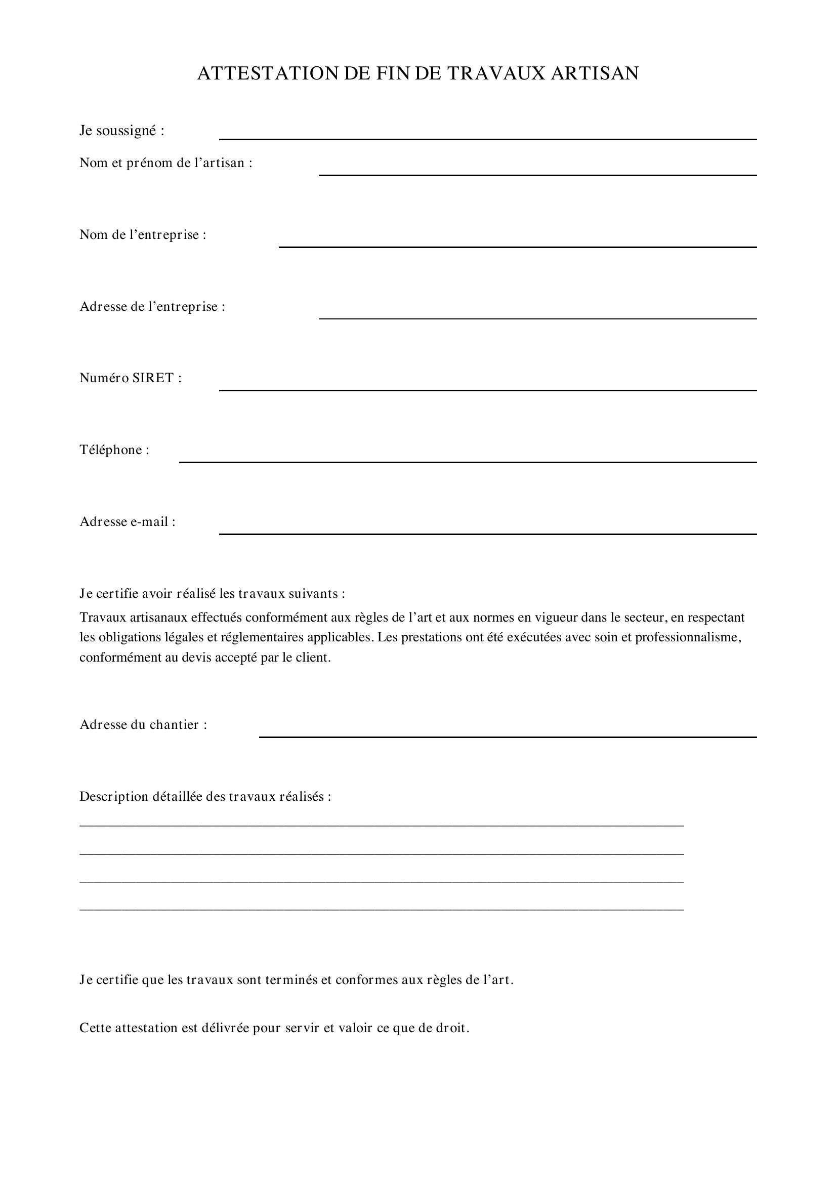 Attestation Fin De Travaux Artisan