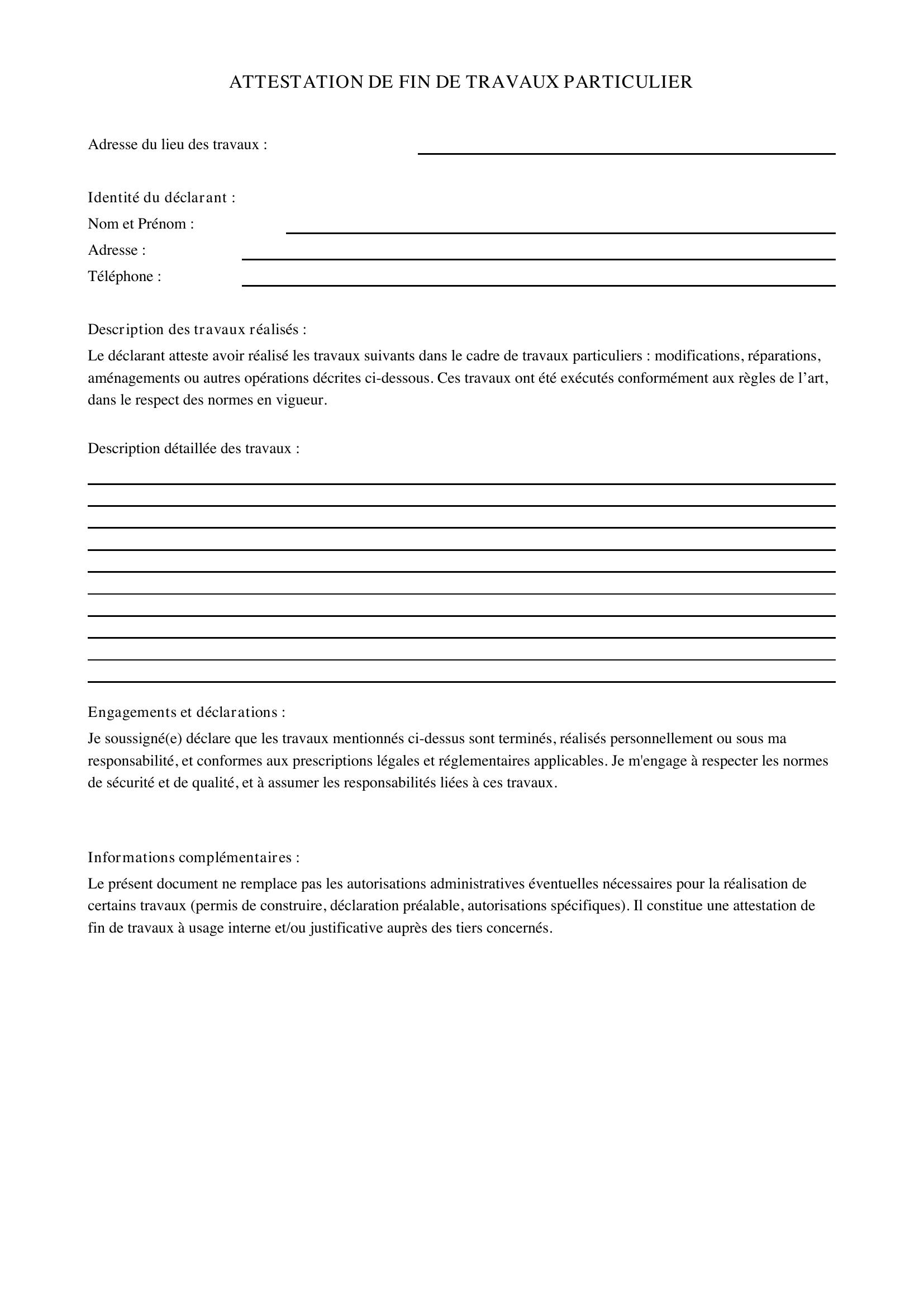 Attestation Fin De Travaux Particulier