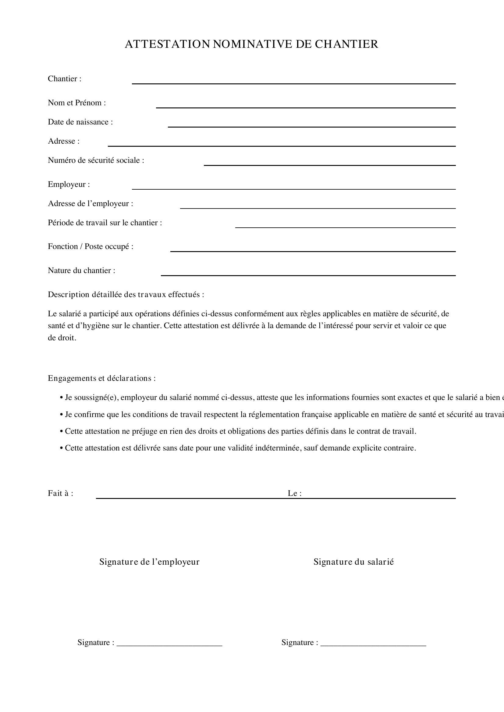 Attestation Nominative De Chantier
