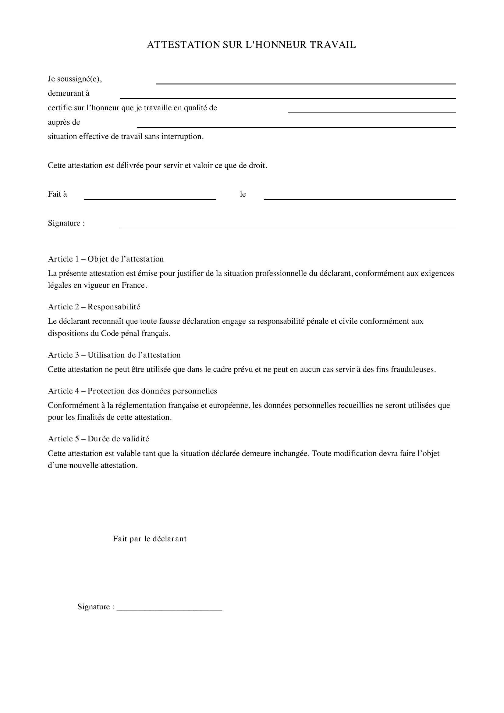 Attestation Sur L'Honneur Travail