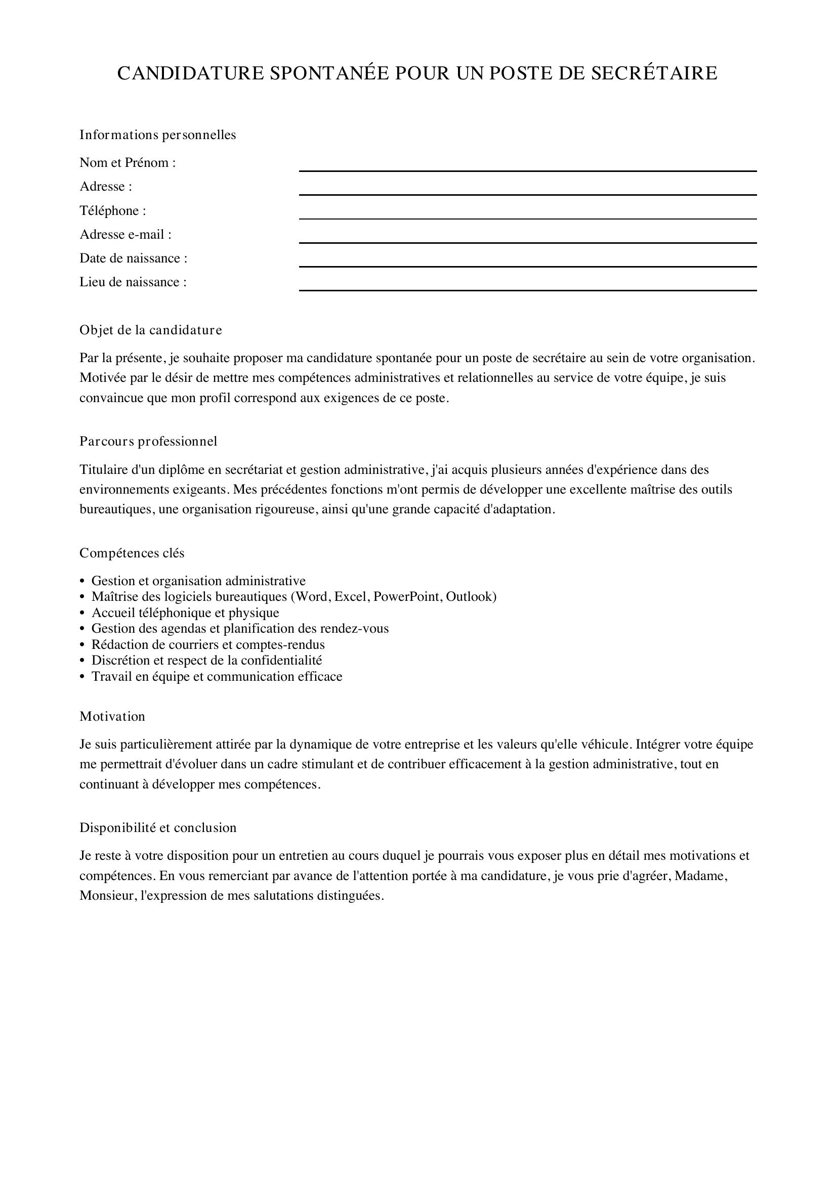 Candidature Spontanée Secrétaire