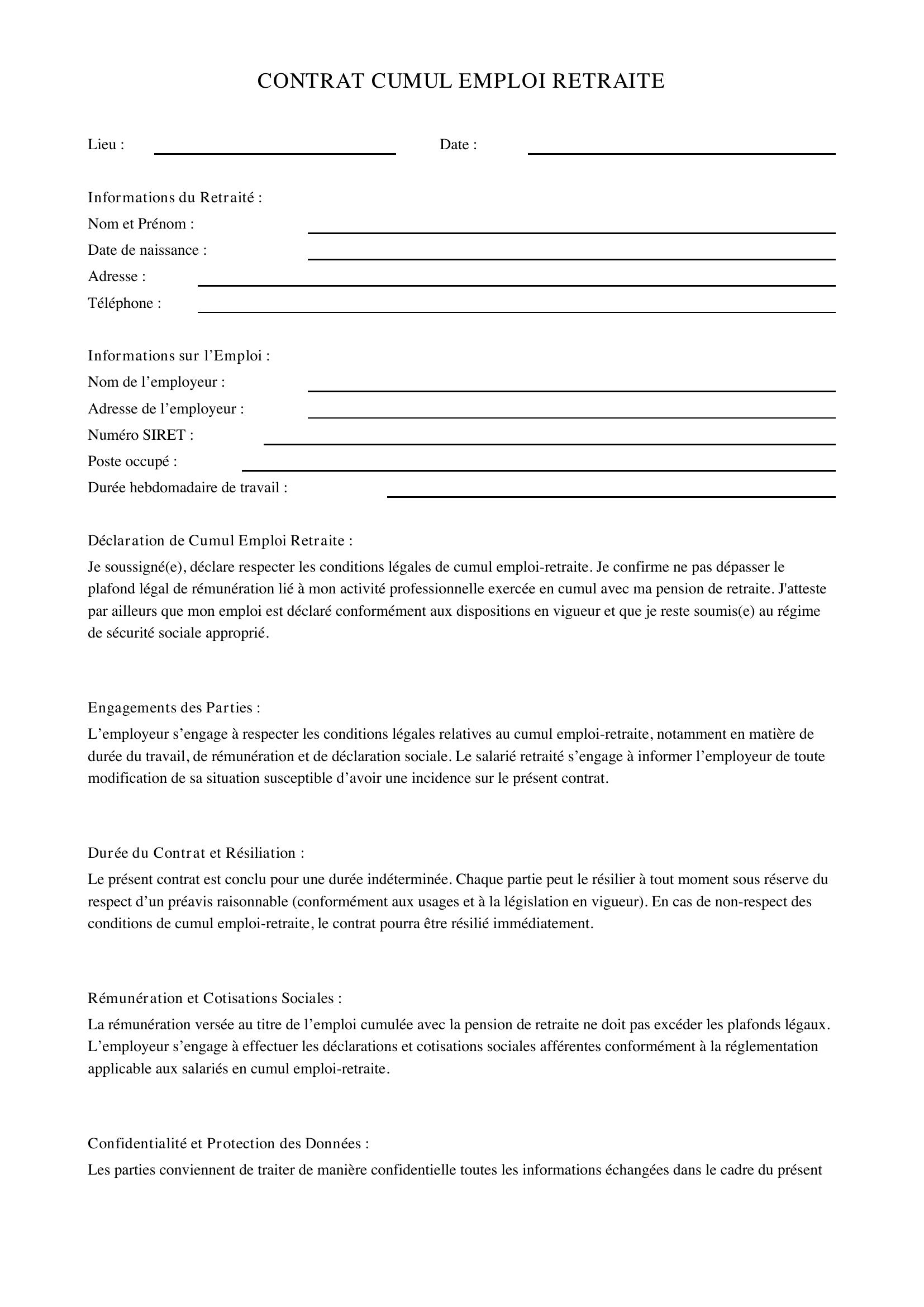 Contrat Cumul Emploi Retraite Modèle