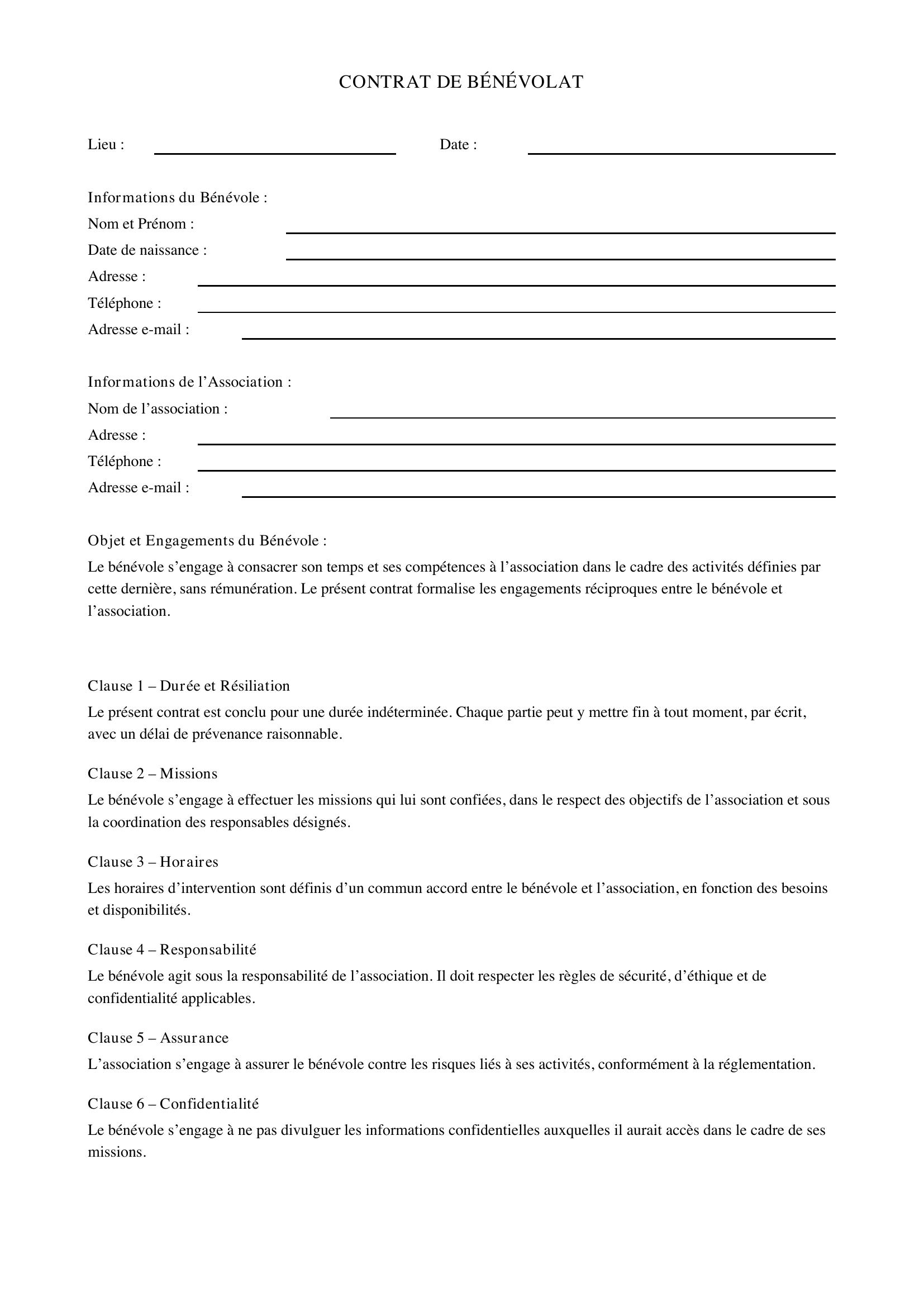 Contrat De Bénévolat