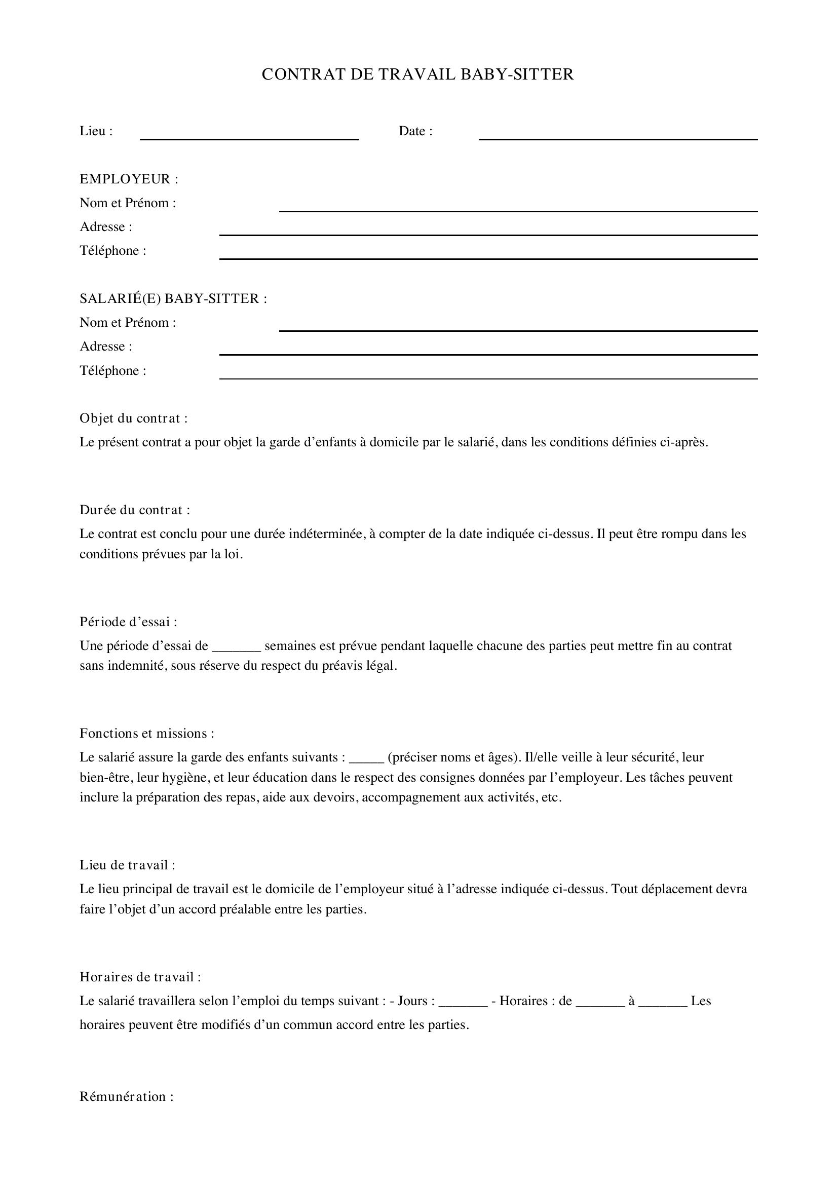 Contrat De Travail Baby-Sitter Modèle