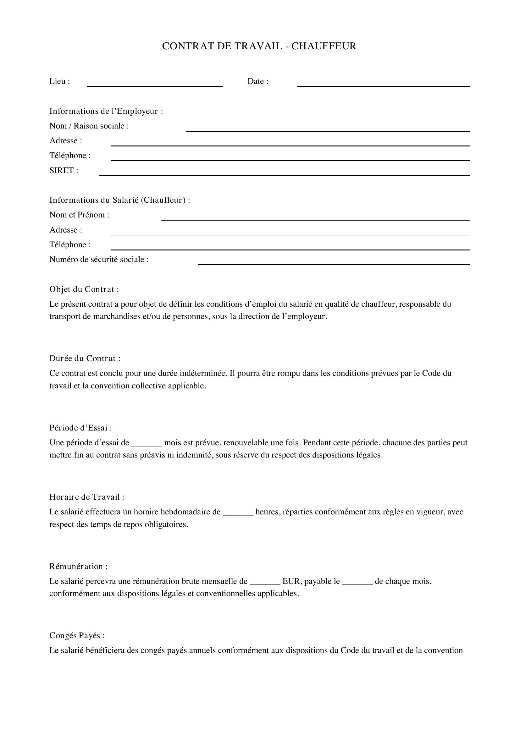 Contrat De Travail Chauffeur