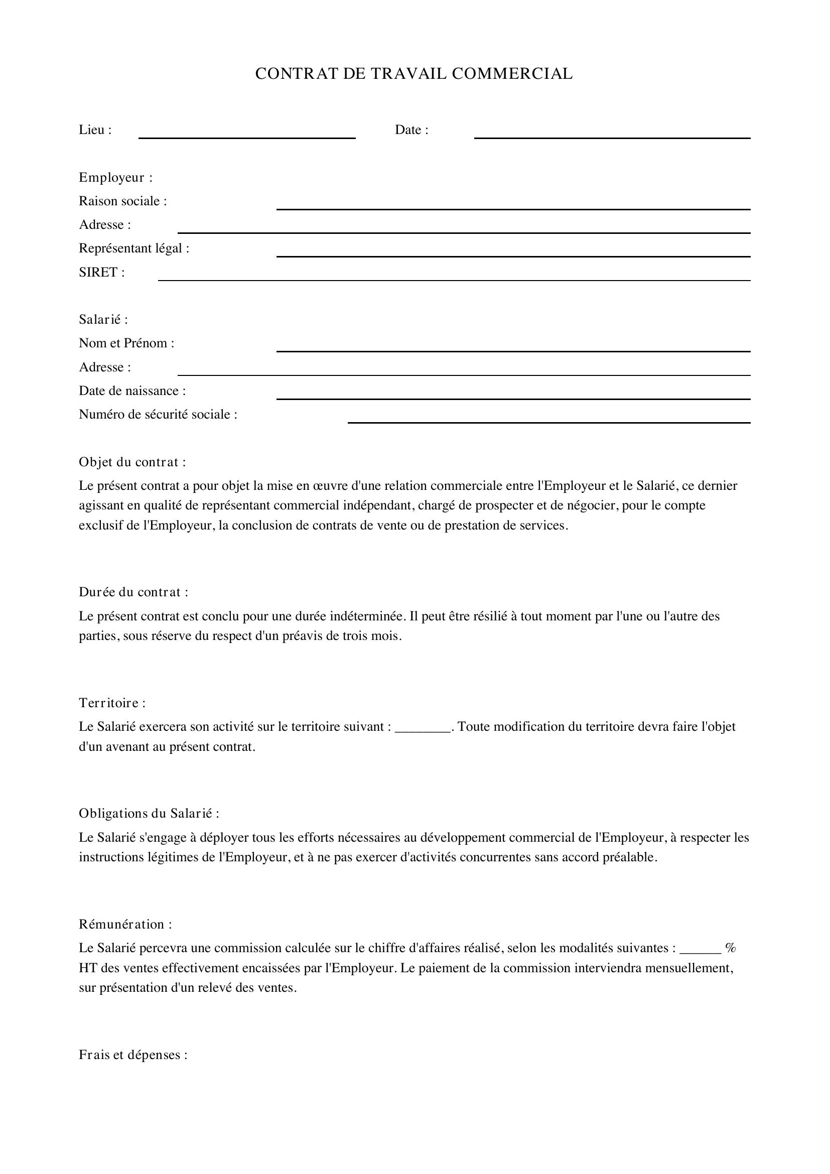 Contrat De Travail Commercial