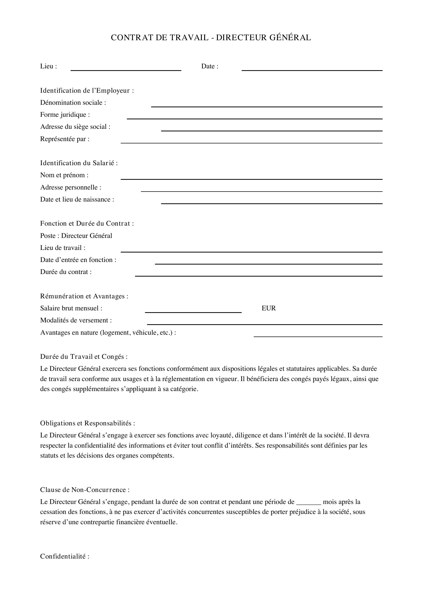 Contrat De Travail Directeur Général