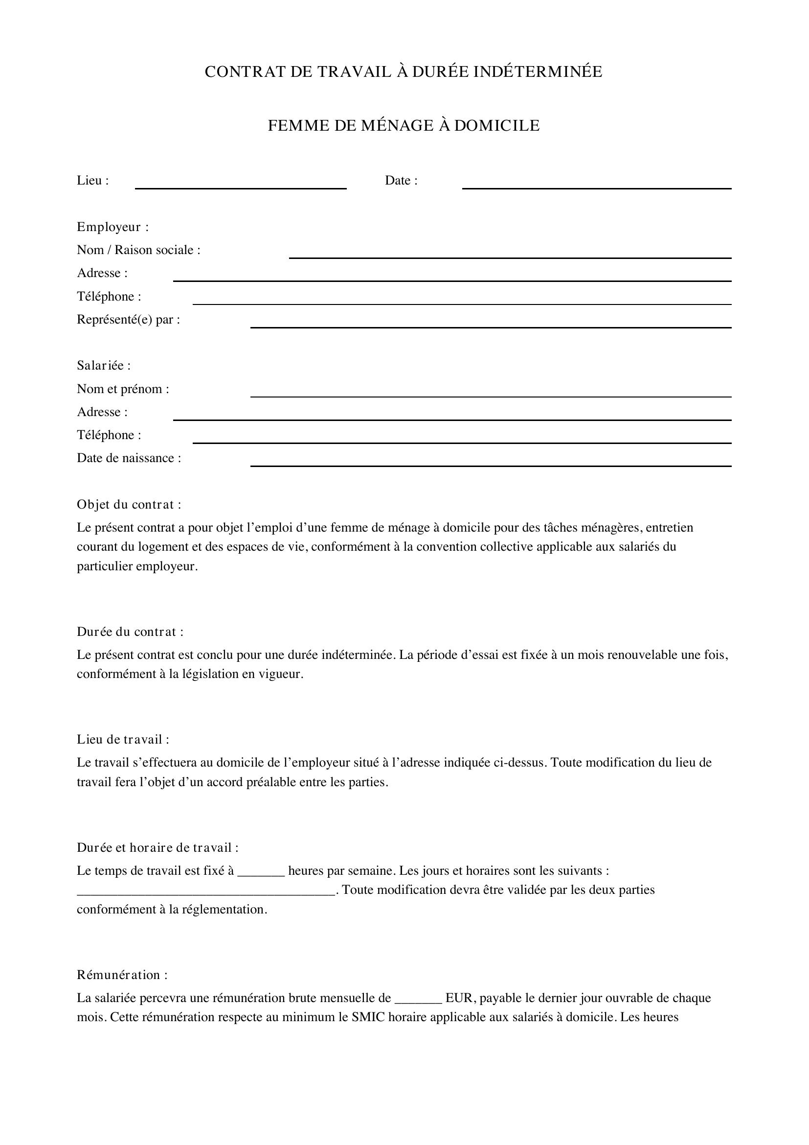 Contrat De Travail Femme De Ménage