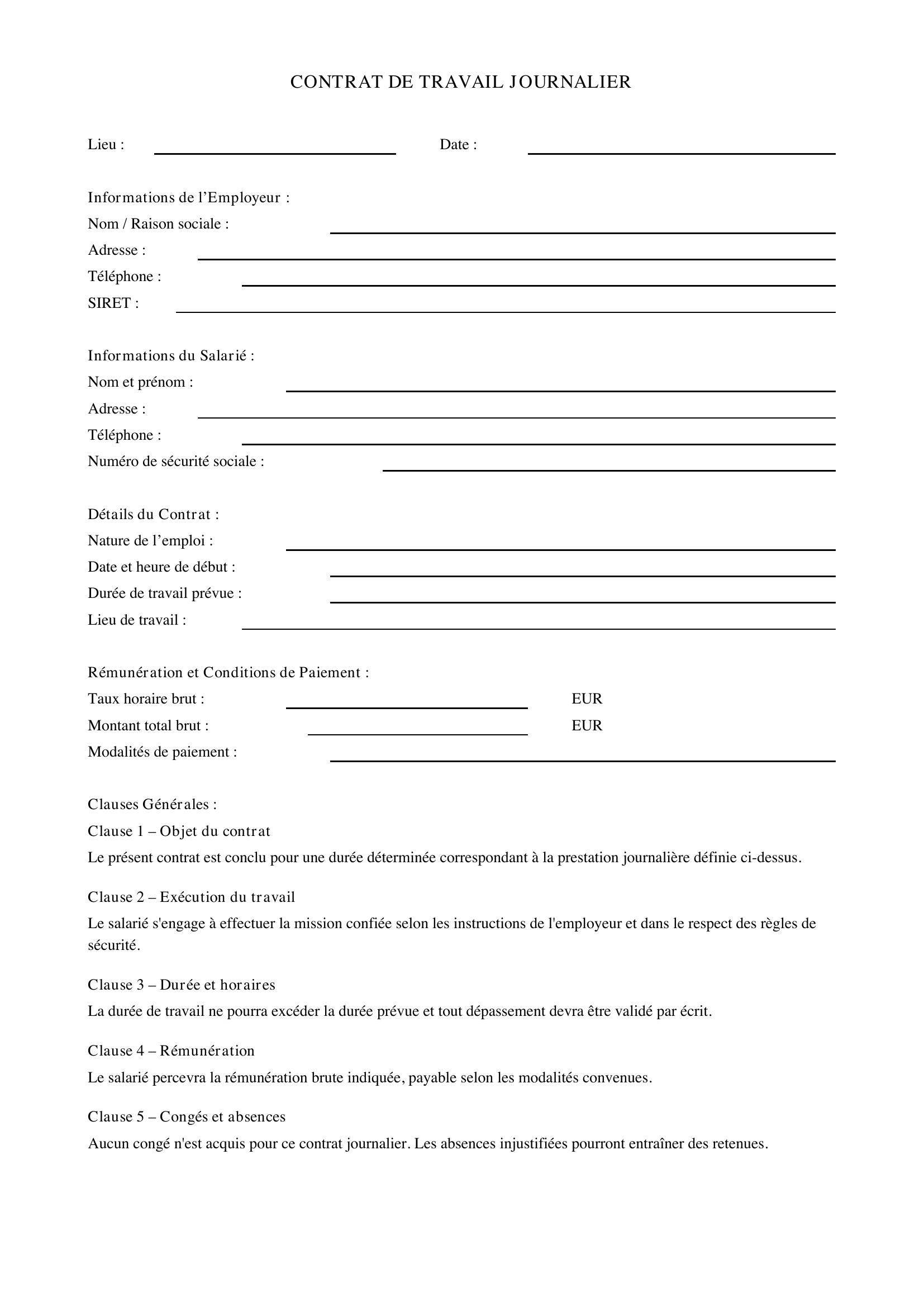 Contrat De Travail Journalier