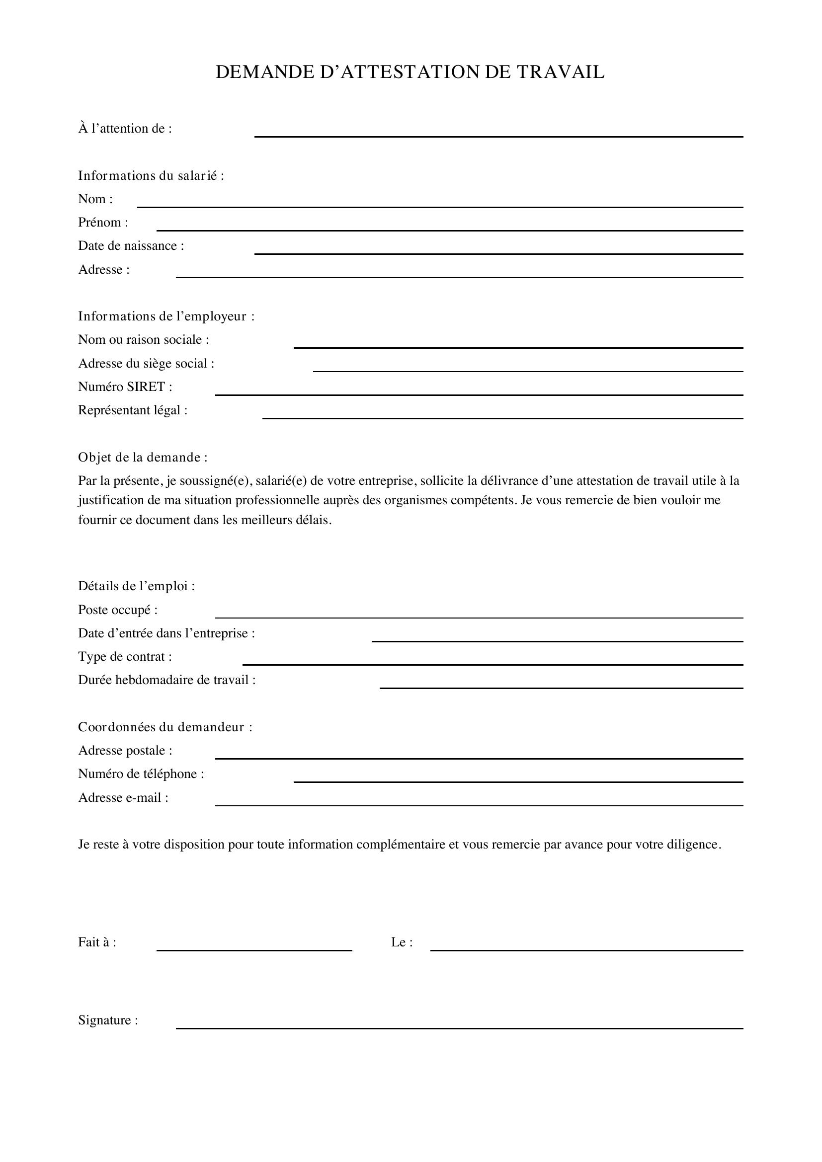 Demande D'Attestation De Travail