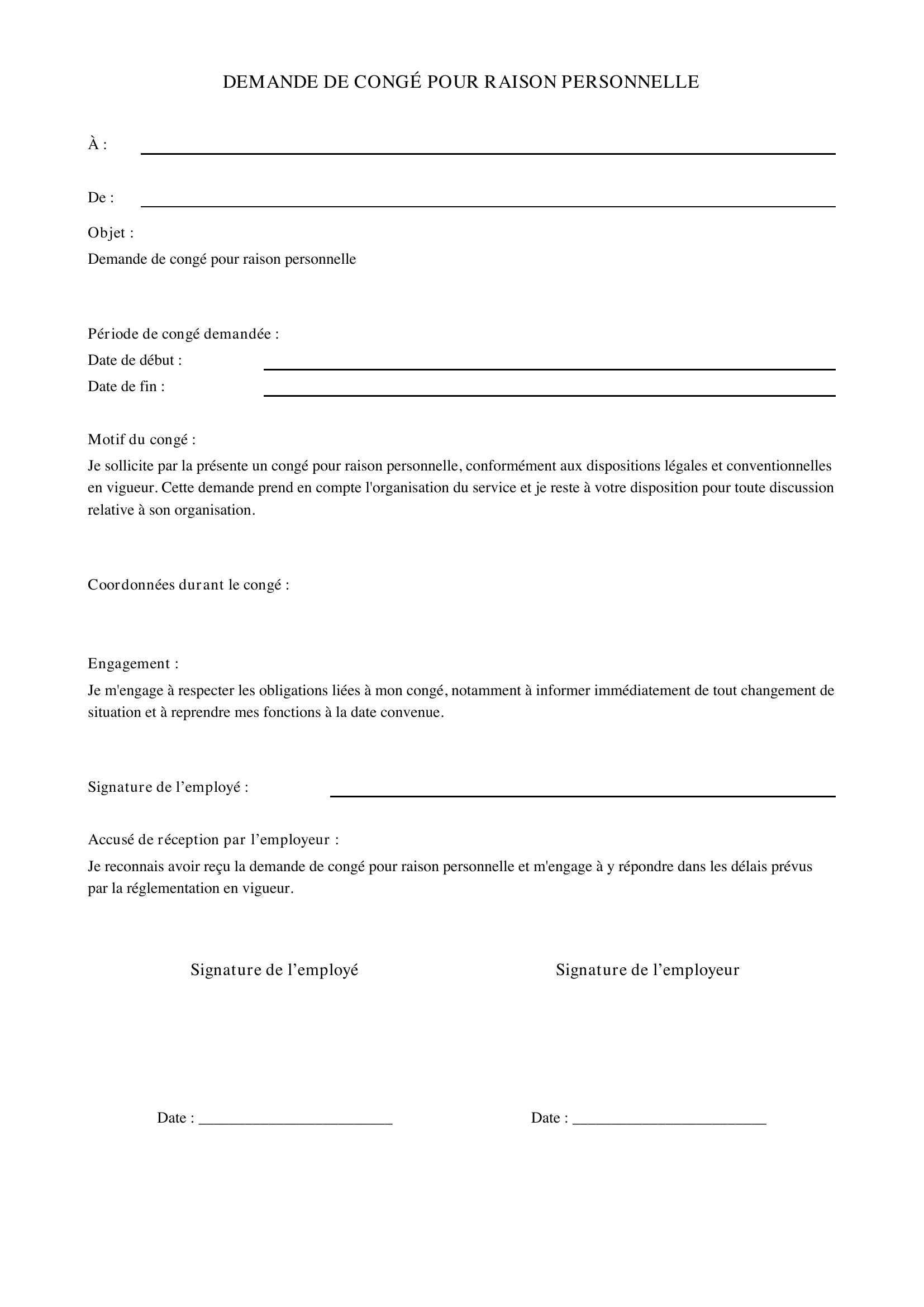 Demande De Congé Pour Raison Personnel