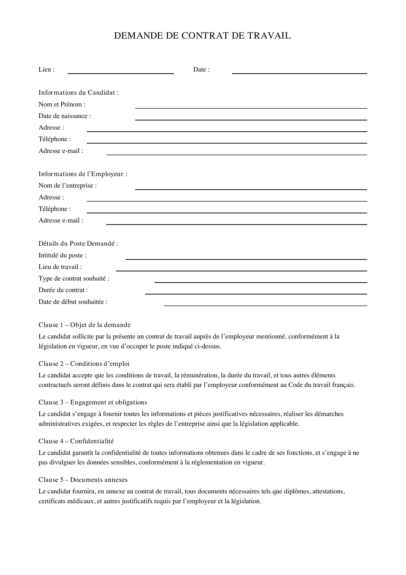 Demande De Contrat De Travail