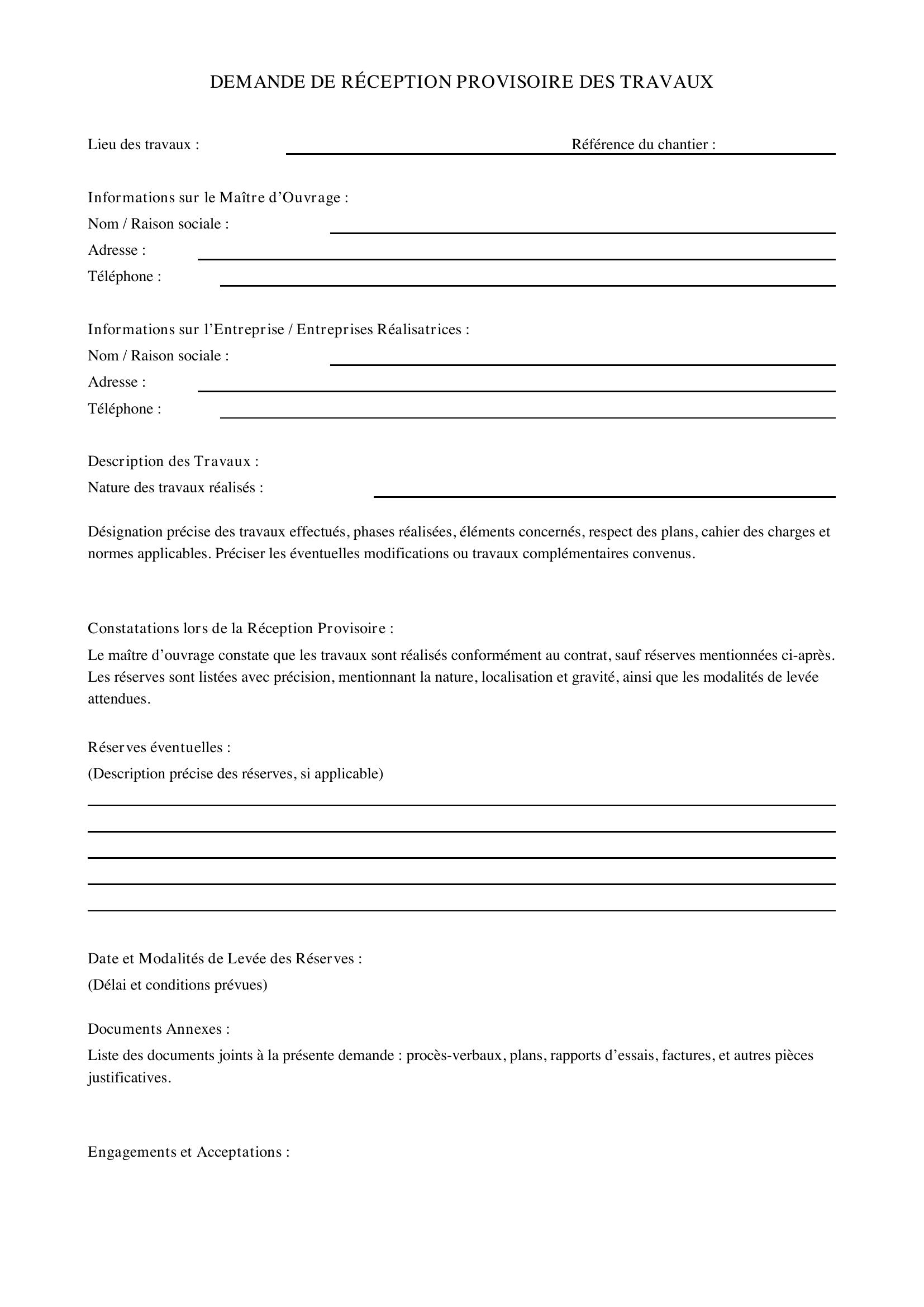 Demande De Reception Provisoire Des Travaux