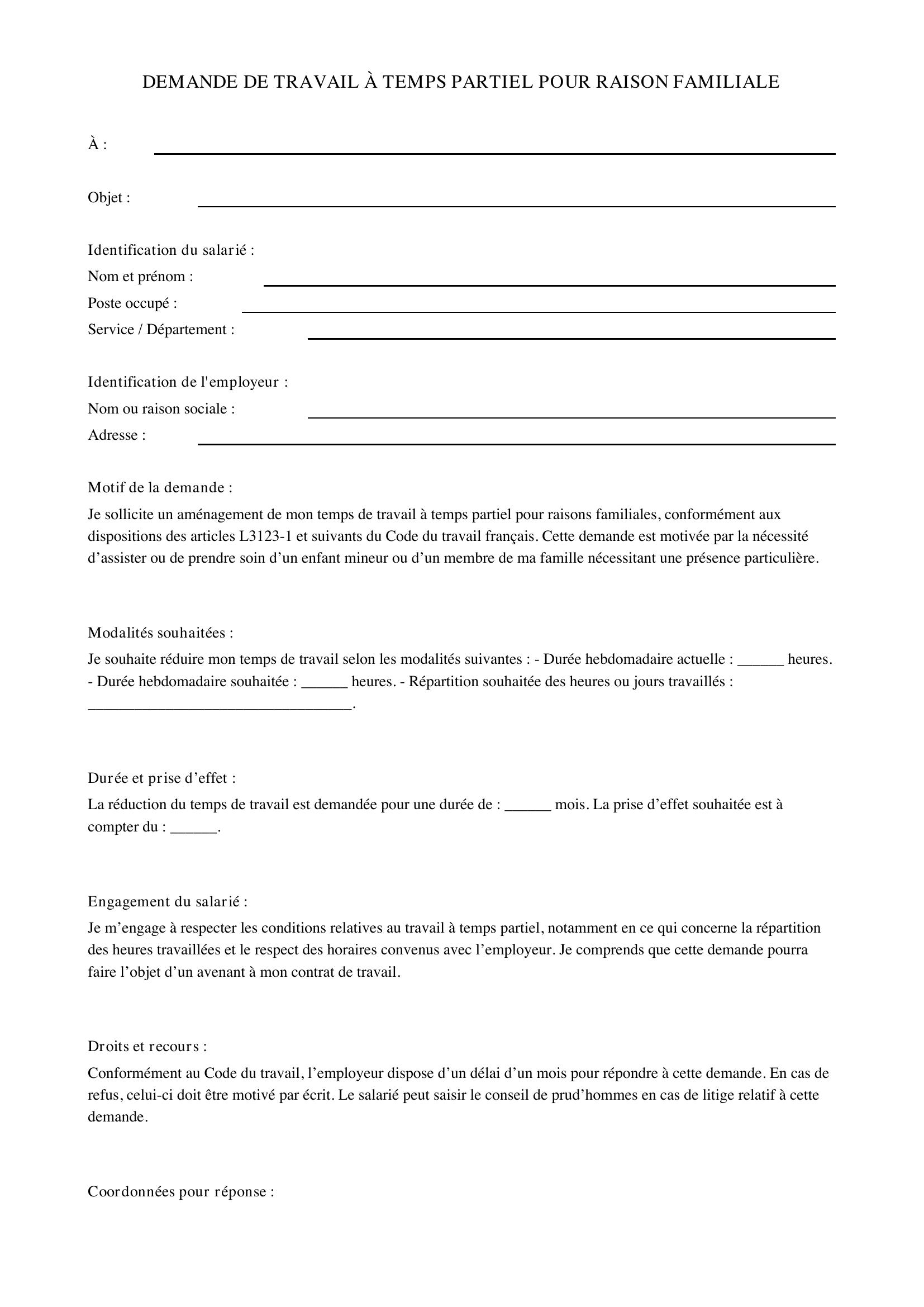 Demande De Travail À Temps Partiel Pour Raison Familiale