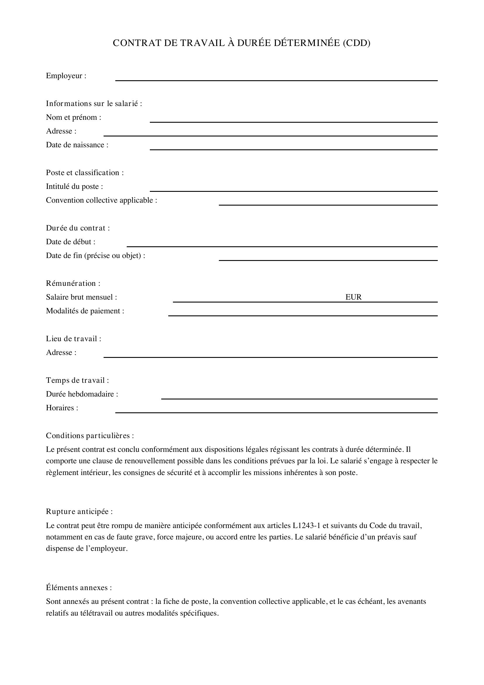 Exemple De Contrat De Travail Cdd