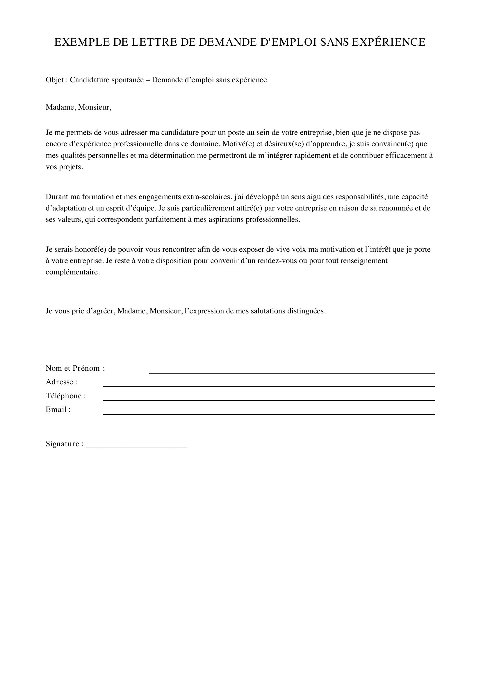 Exemple De Demande D'Emploi Sans Experience