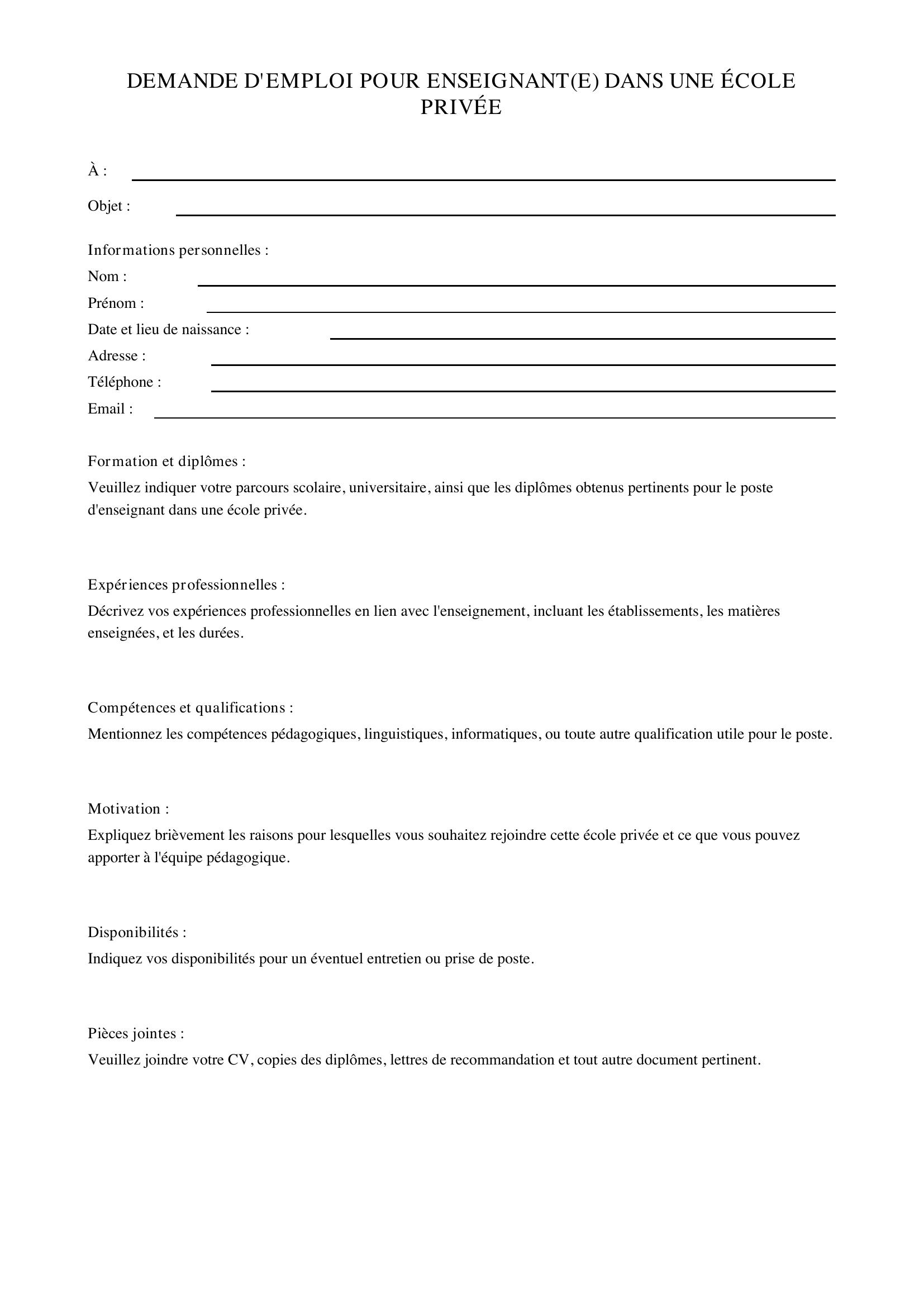 Exemple Demande D'Emploi Dans Une École Privée