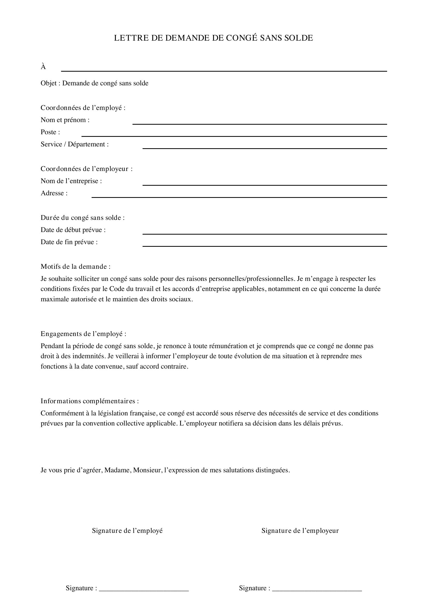 Lettre De Demande De Congé Sans Solde
