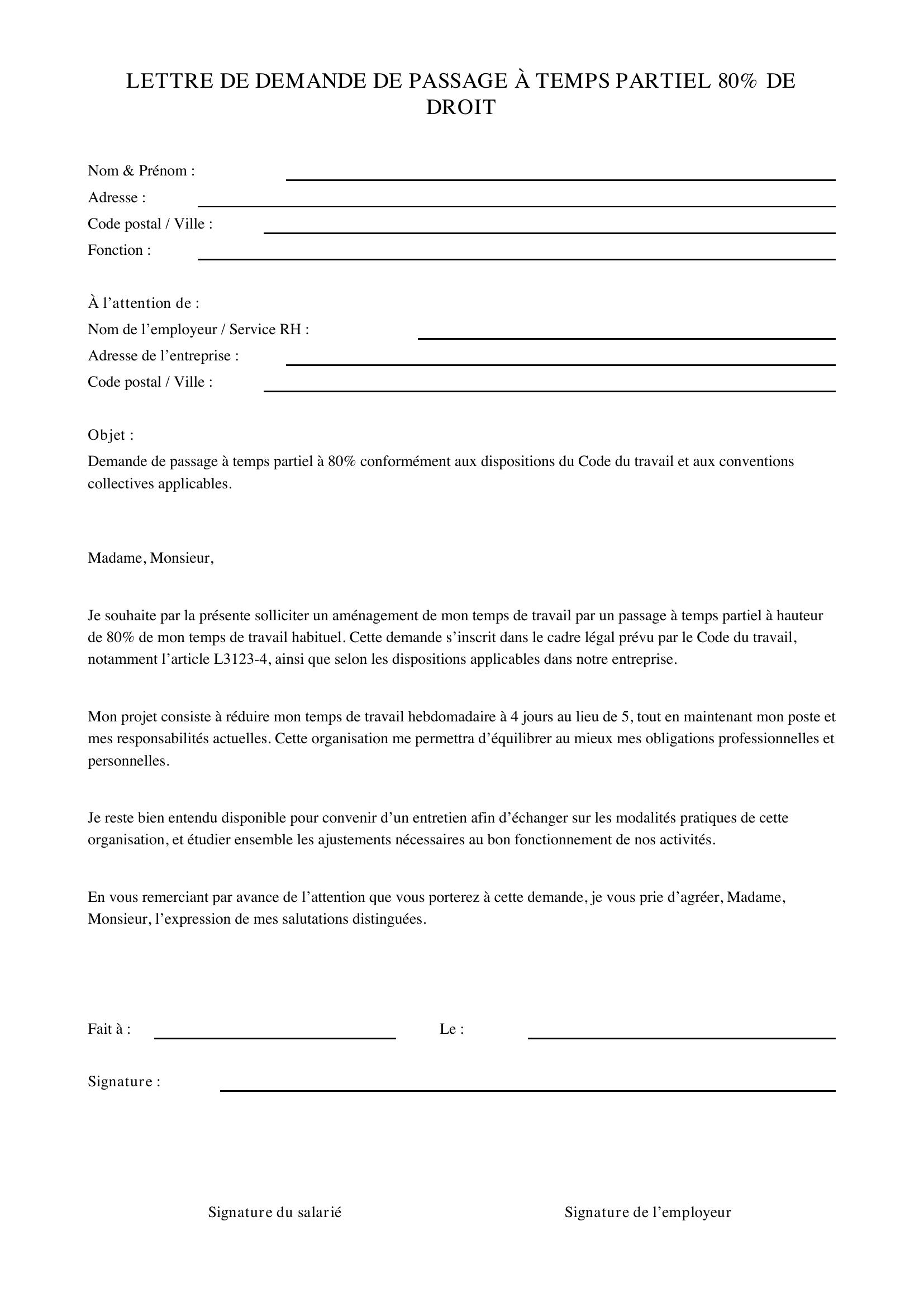 Lettre De Demande De Temps Partiel 80 De Droit