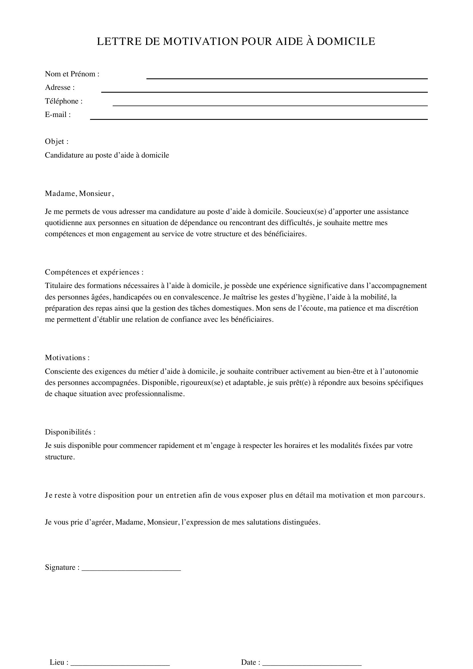 Lettre De Motivation Aide A Domicile