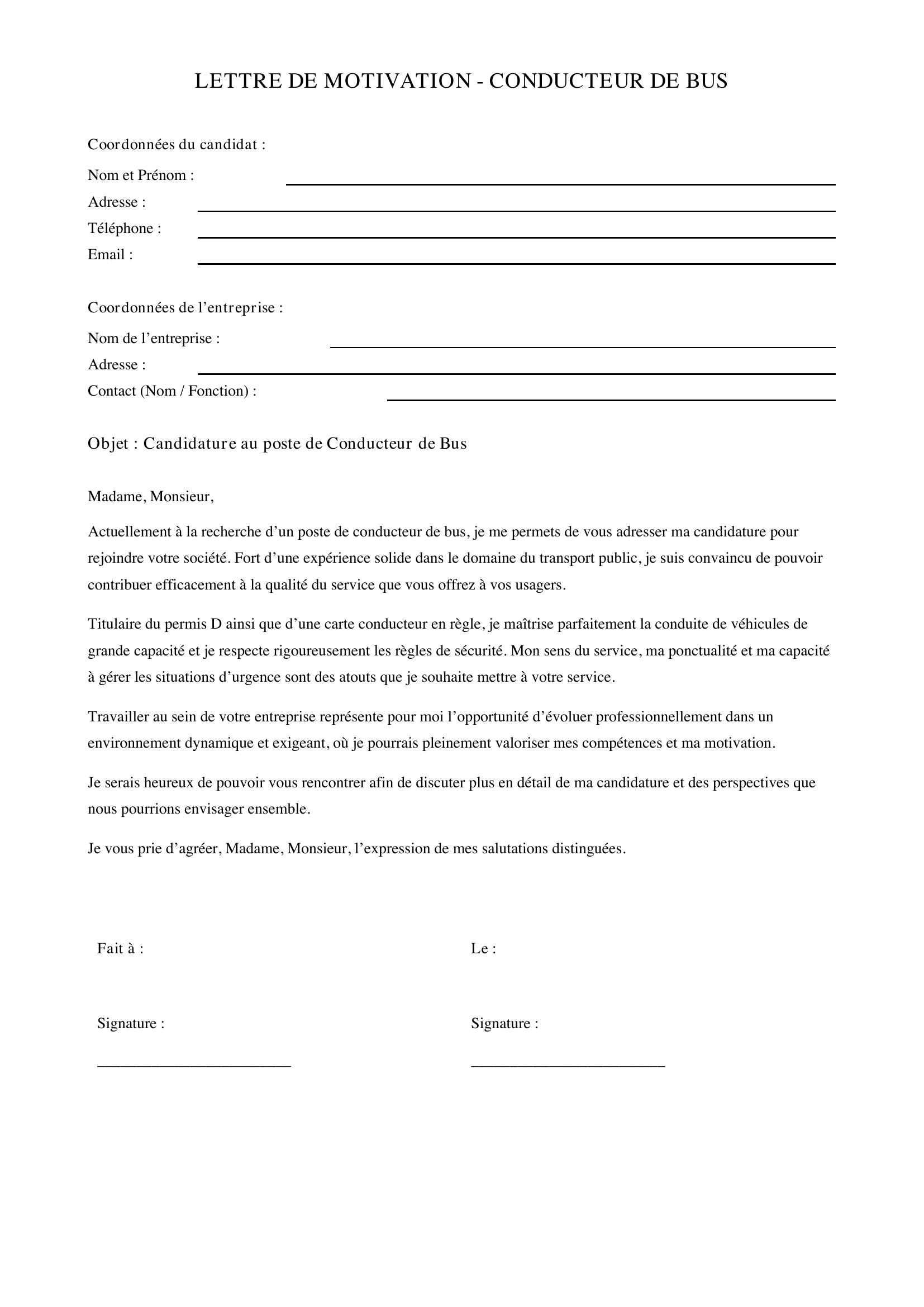 Lettre De Motivation Conducteur De Bus