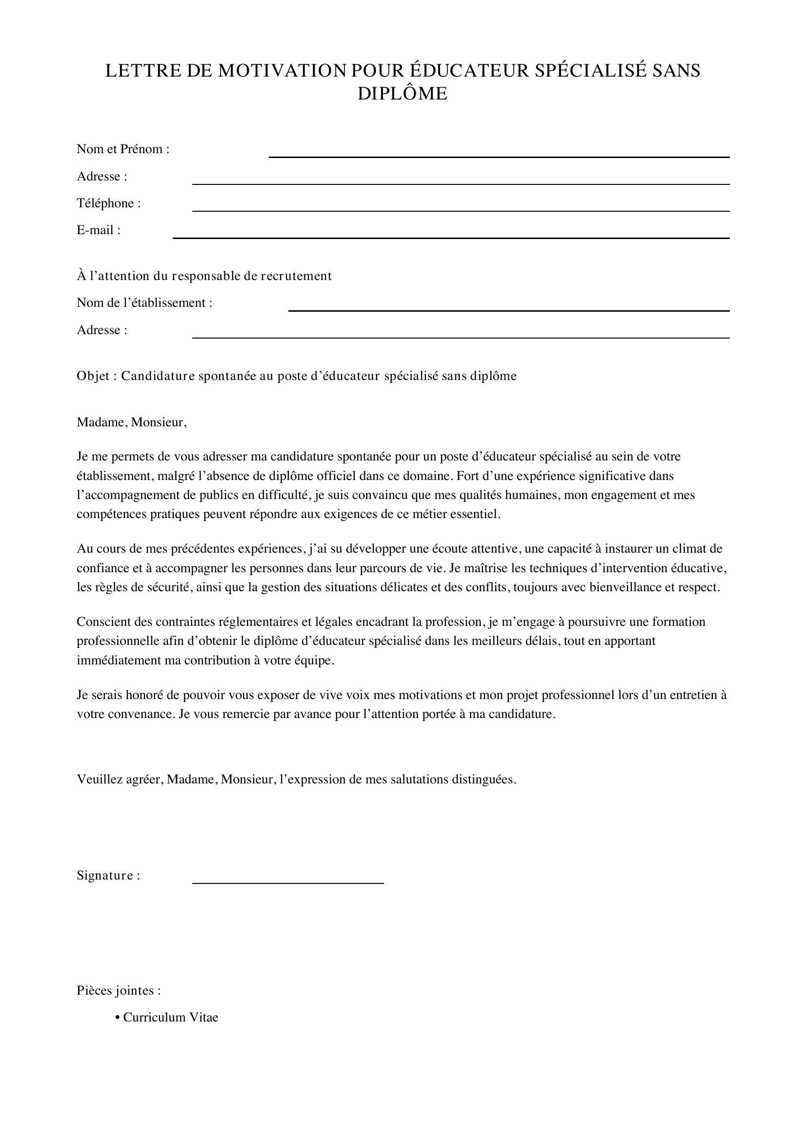Lettre De Motivation Éducateur Spécialisé Sans Diplôme
