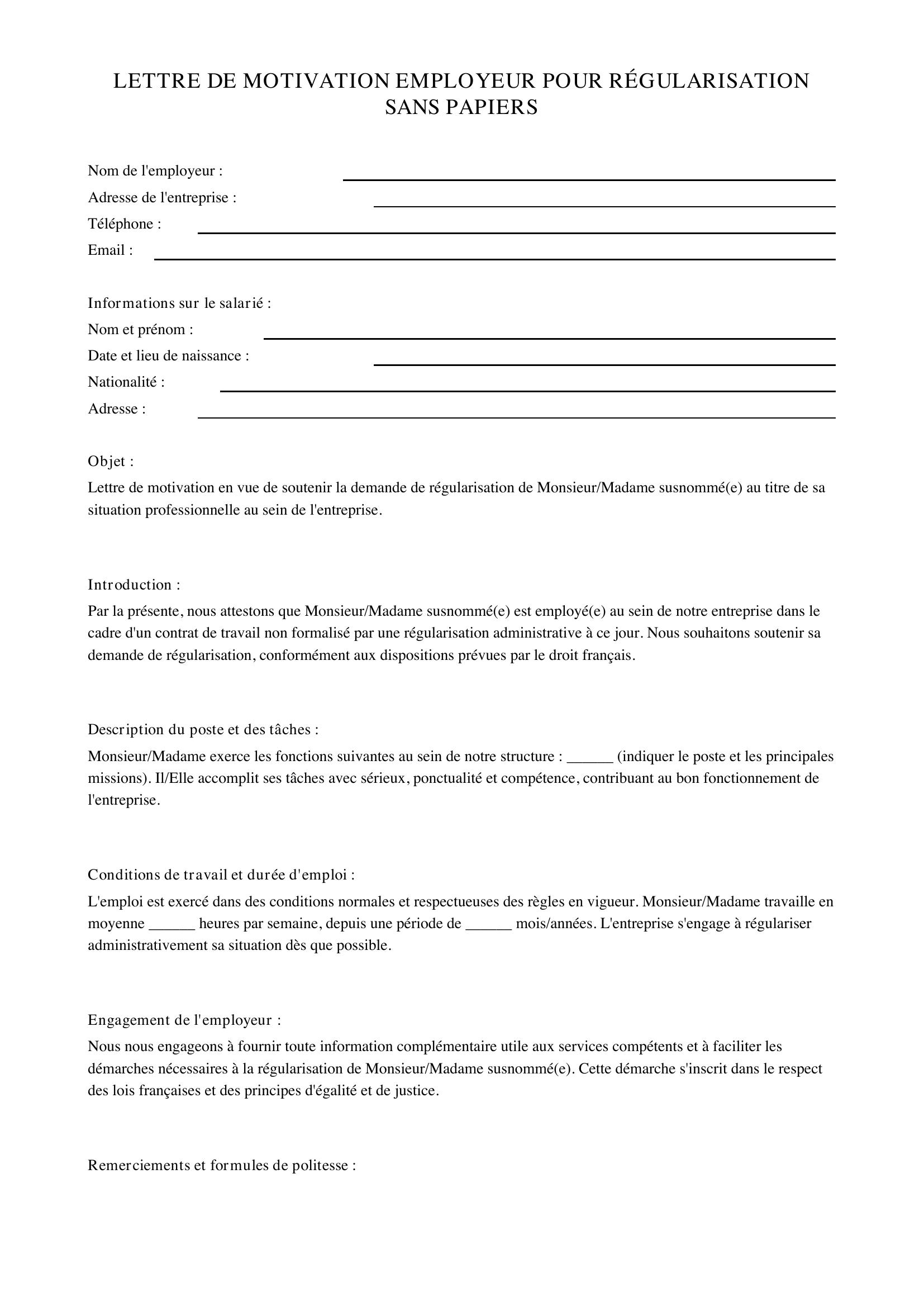 Lettre De Motivation Employeur Pour Régularisation Sans Papiers