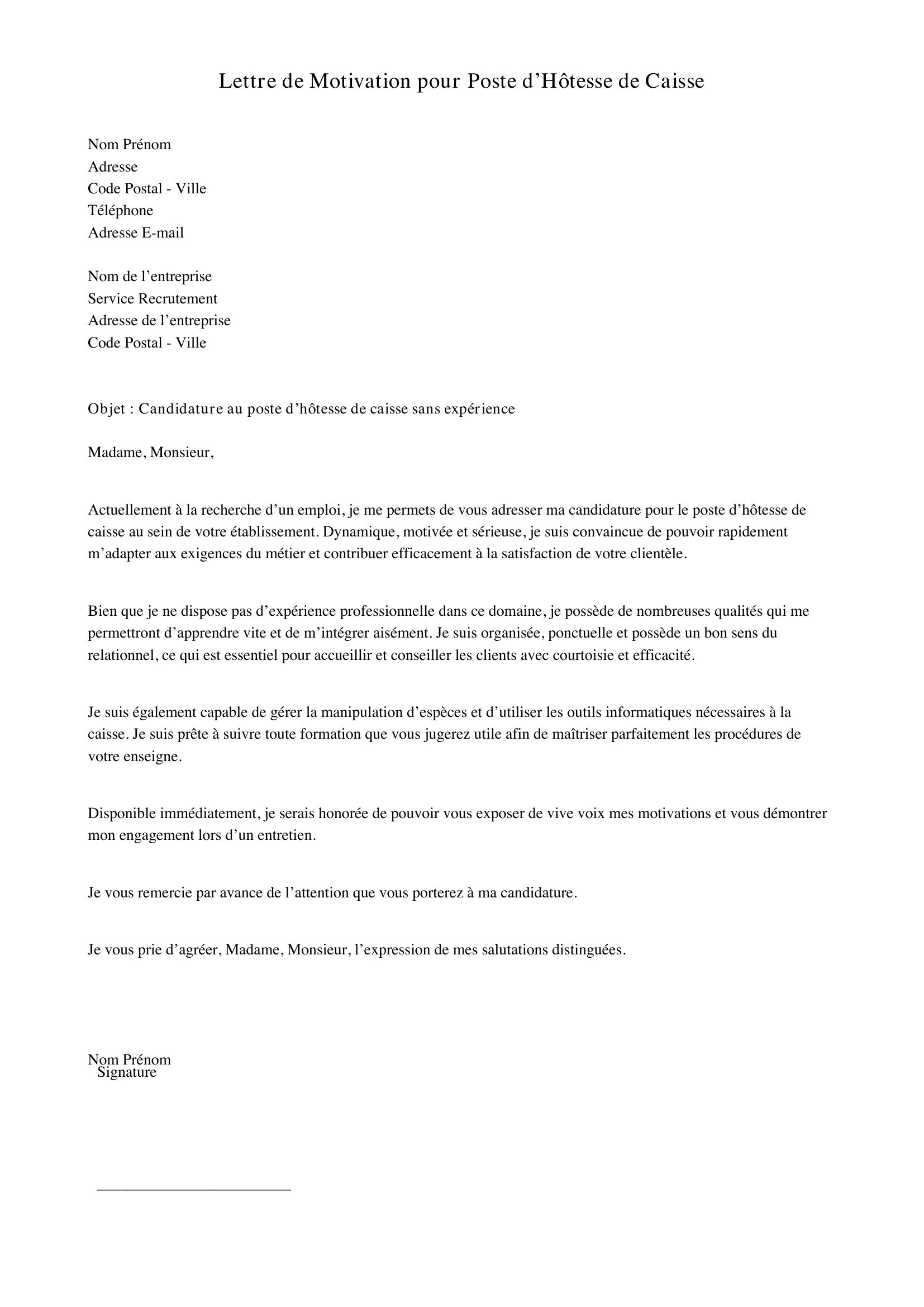 Lettre De Motivation Hotesse De Caisse Sans Expérience