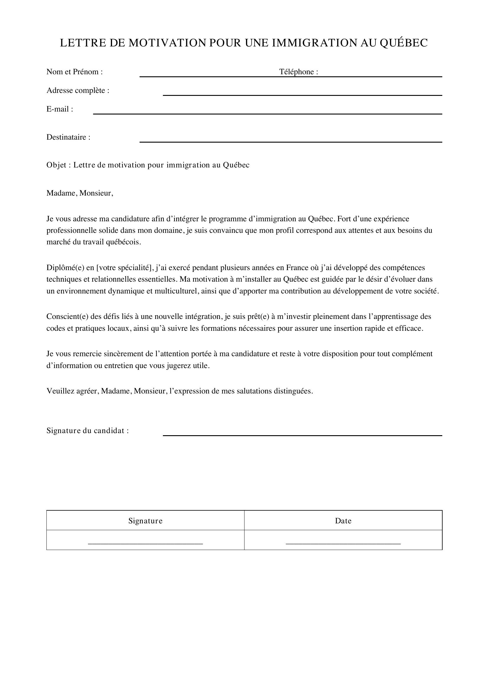 Lettre De Motivation Québec Modèle