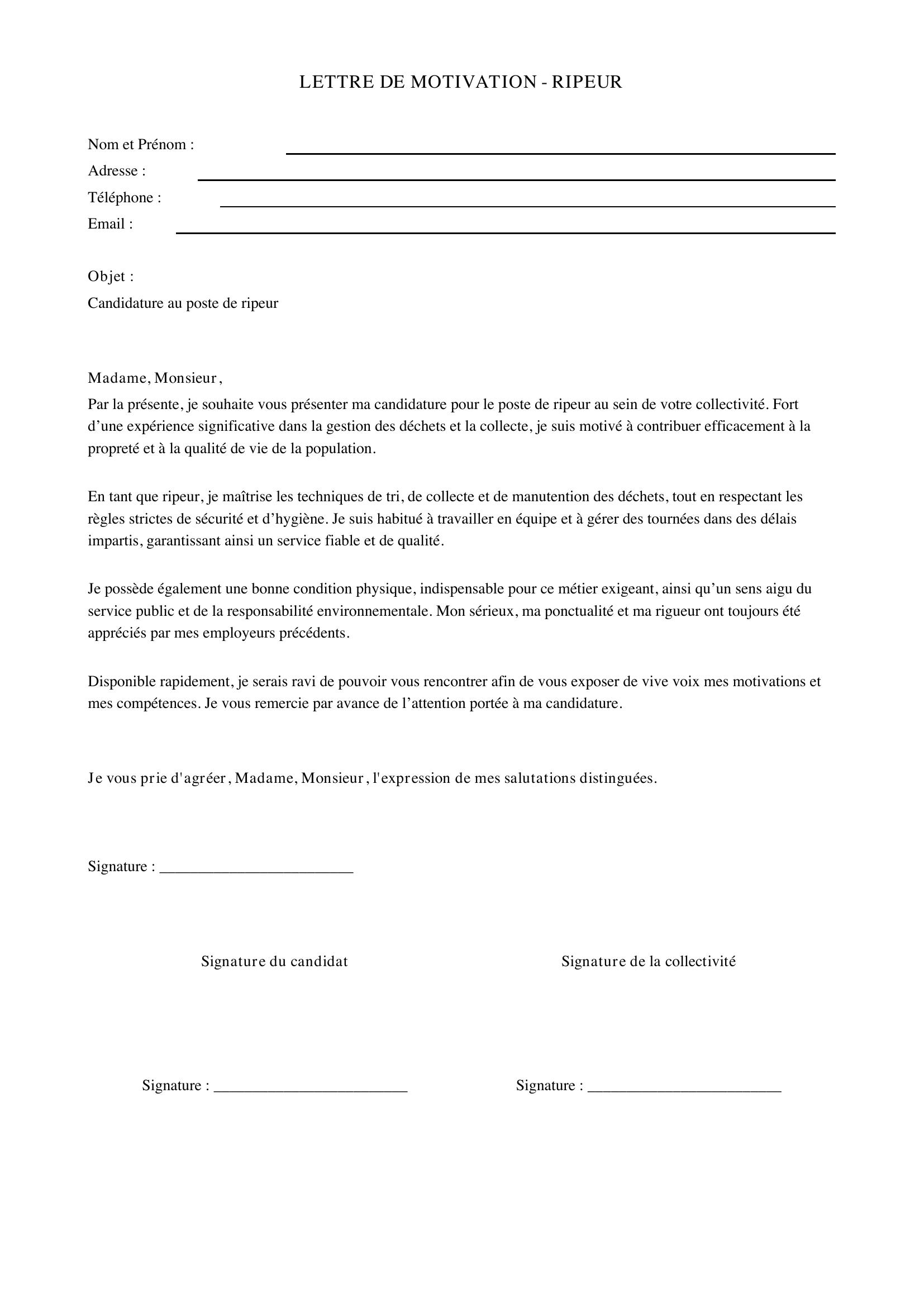 Lettre De Motivation Ripeur
