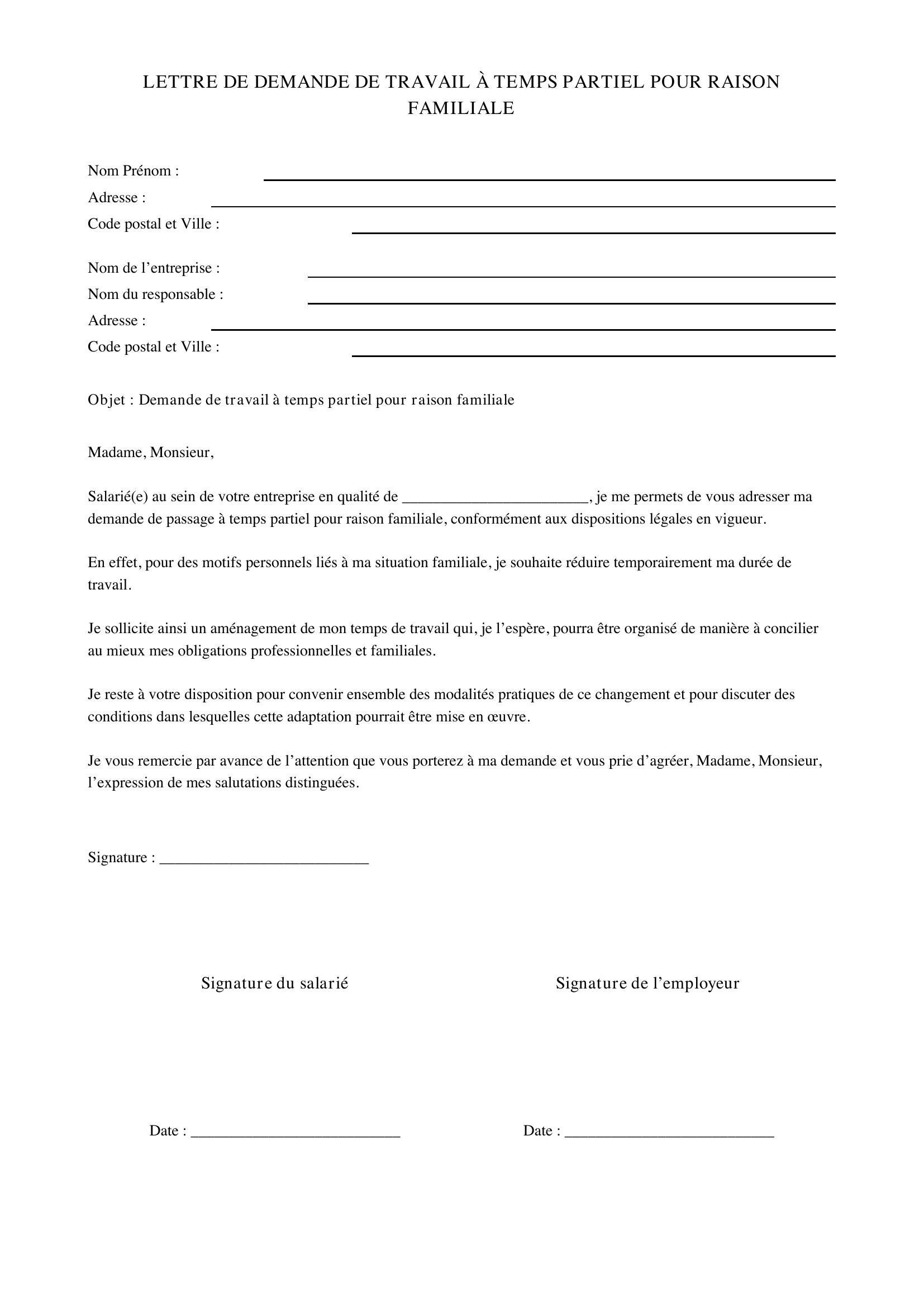 Lettre Demande De Travail À Temps Partiel Pour Raison Familiale