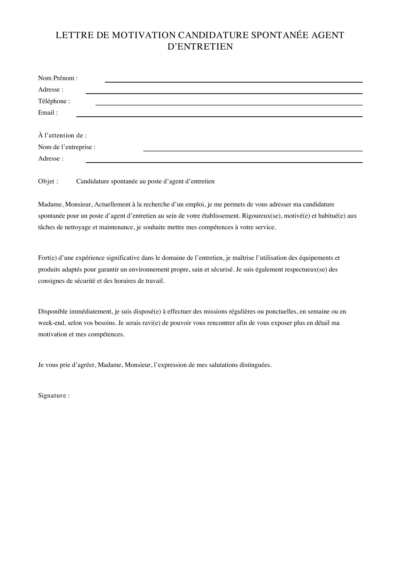 Lettre Motivation Agent D'Entretien Candidature Spontanée