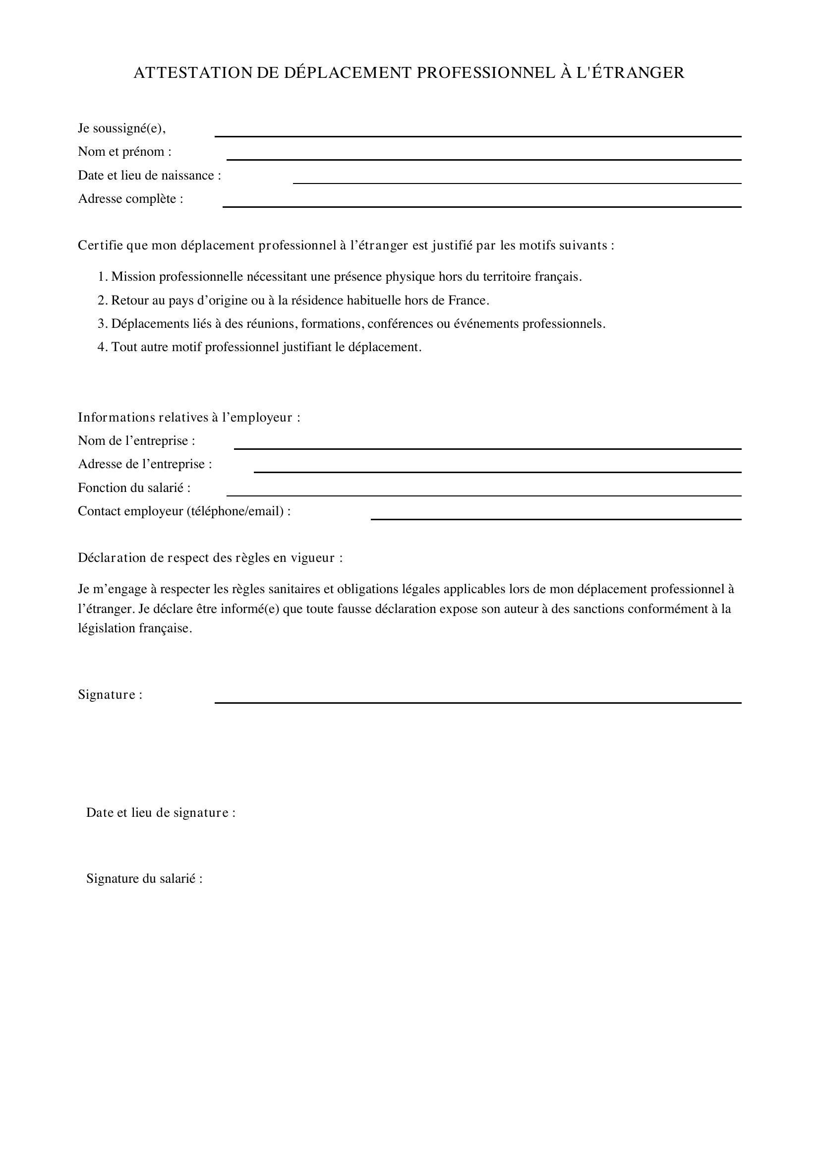 Modèle Attestation De Déplacement Professionnel À L'Étranger