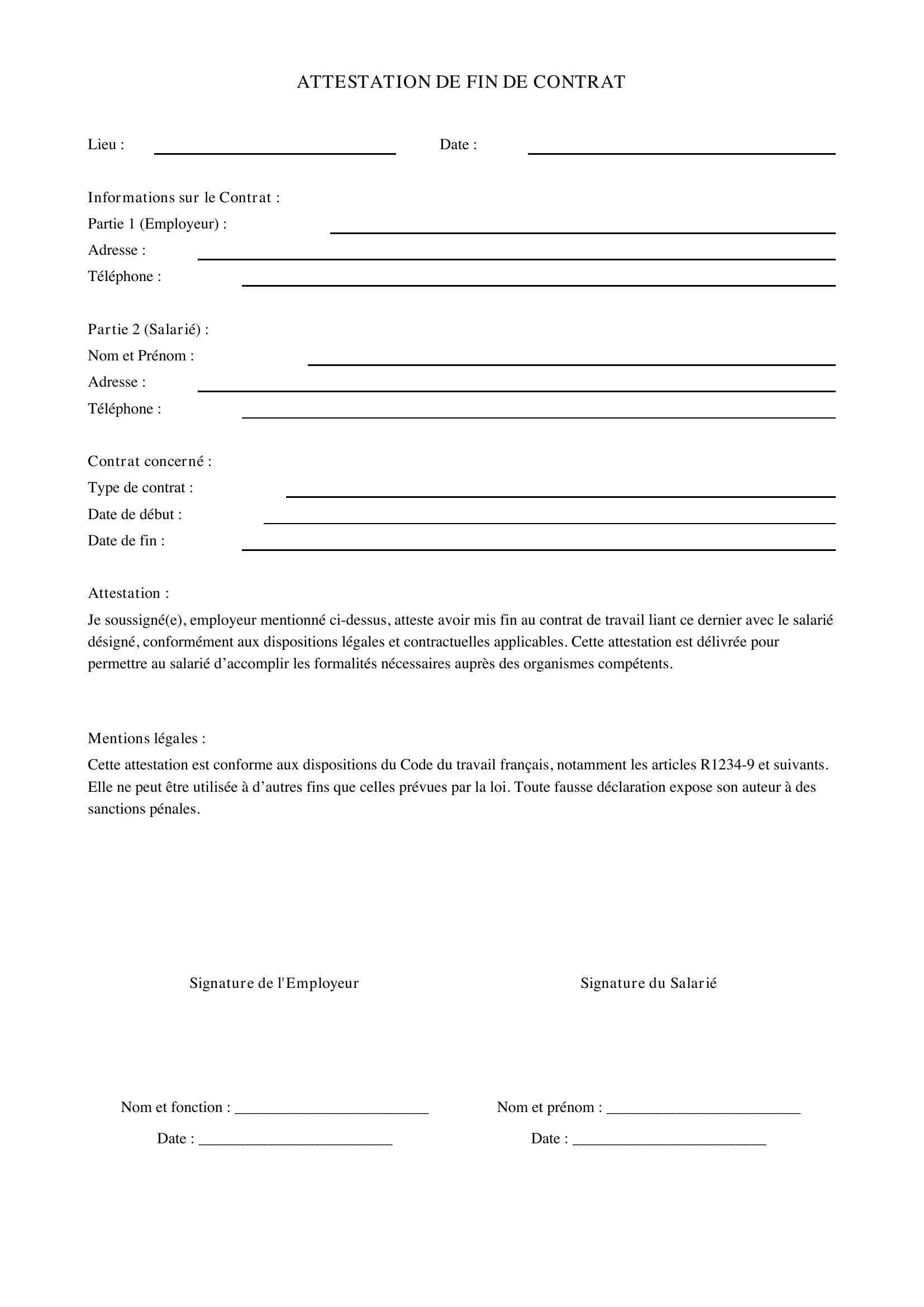 Modèle Attestation De Fin De Contrat