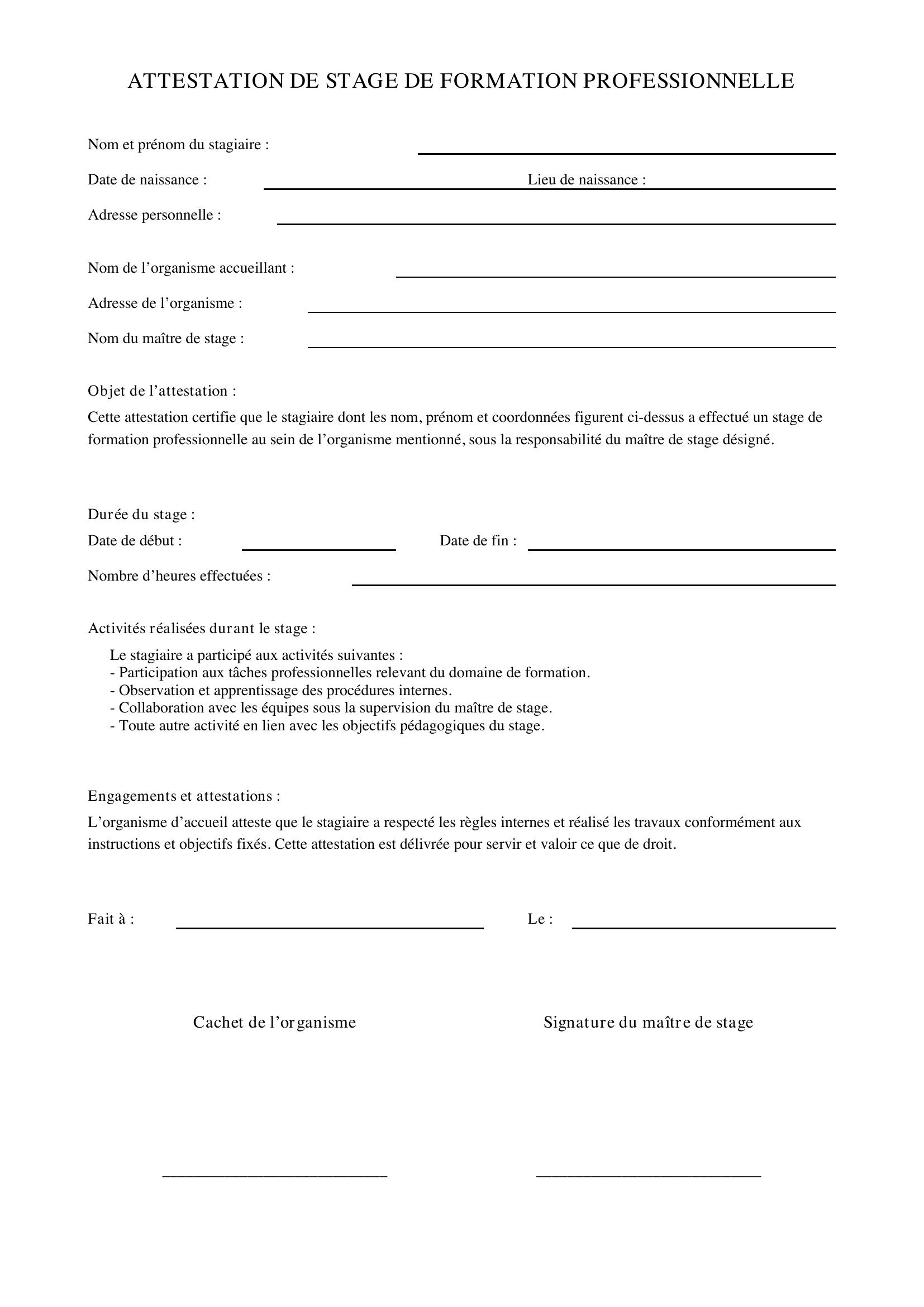 Modèle Attestation De Stage Formation Professionnelle