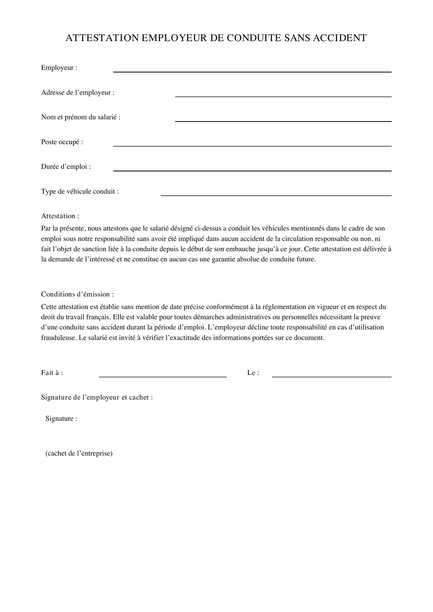 Modèle Attestation Employeur Conduite Sans Accident
