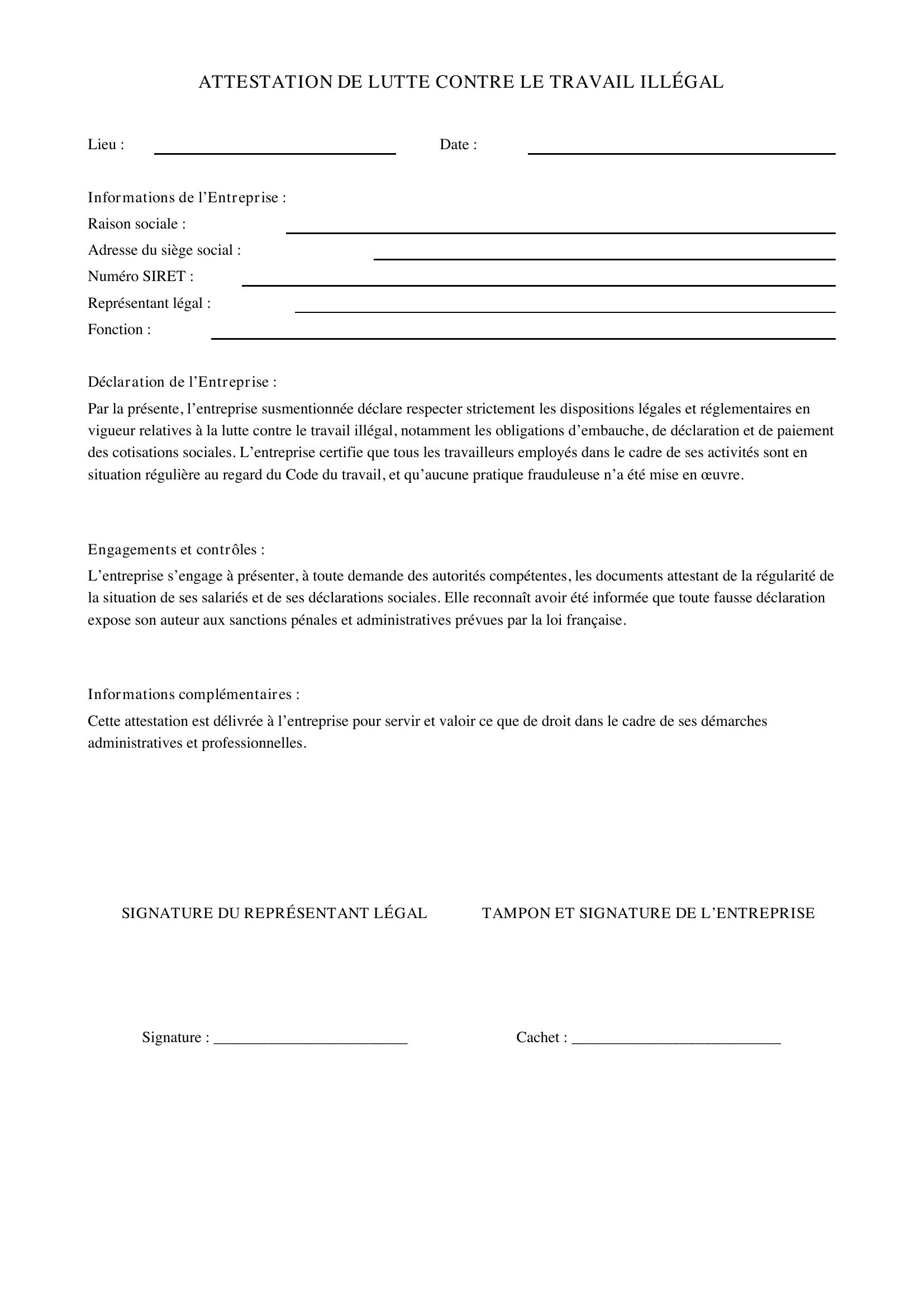 Modèle Attestation Lutte Contre Le Travail Illégal