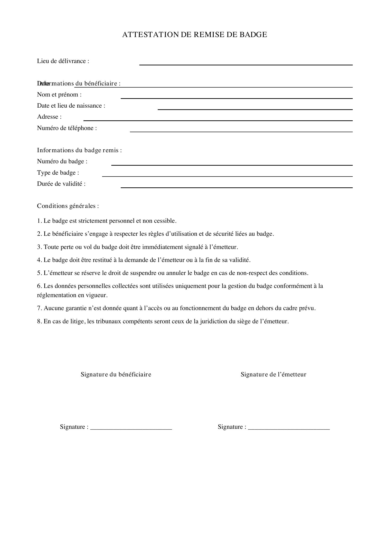 Modèle Attestation Remise De Badge