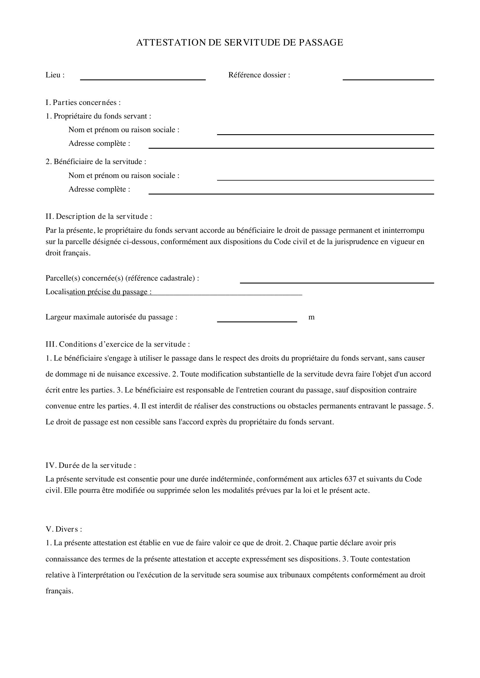 Modèle Attestation Servitude De Passage
