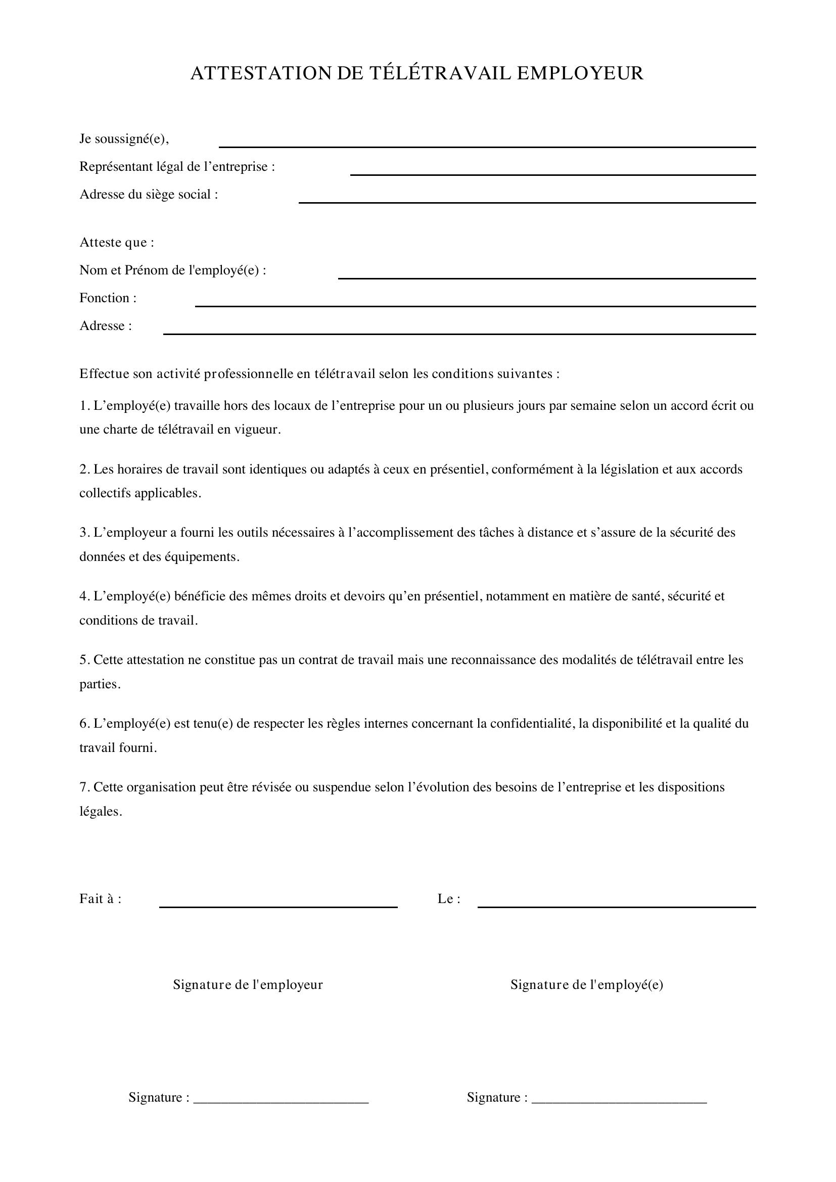 Modèle Attestation Télétravail Employeur