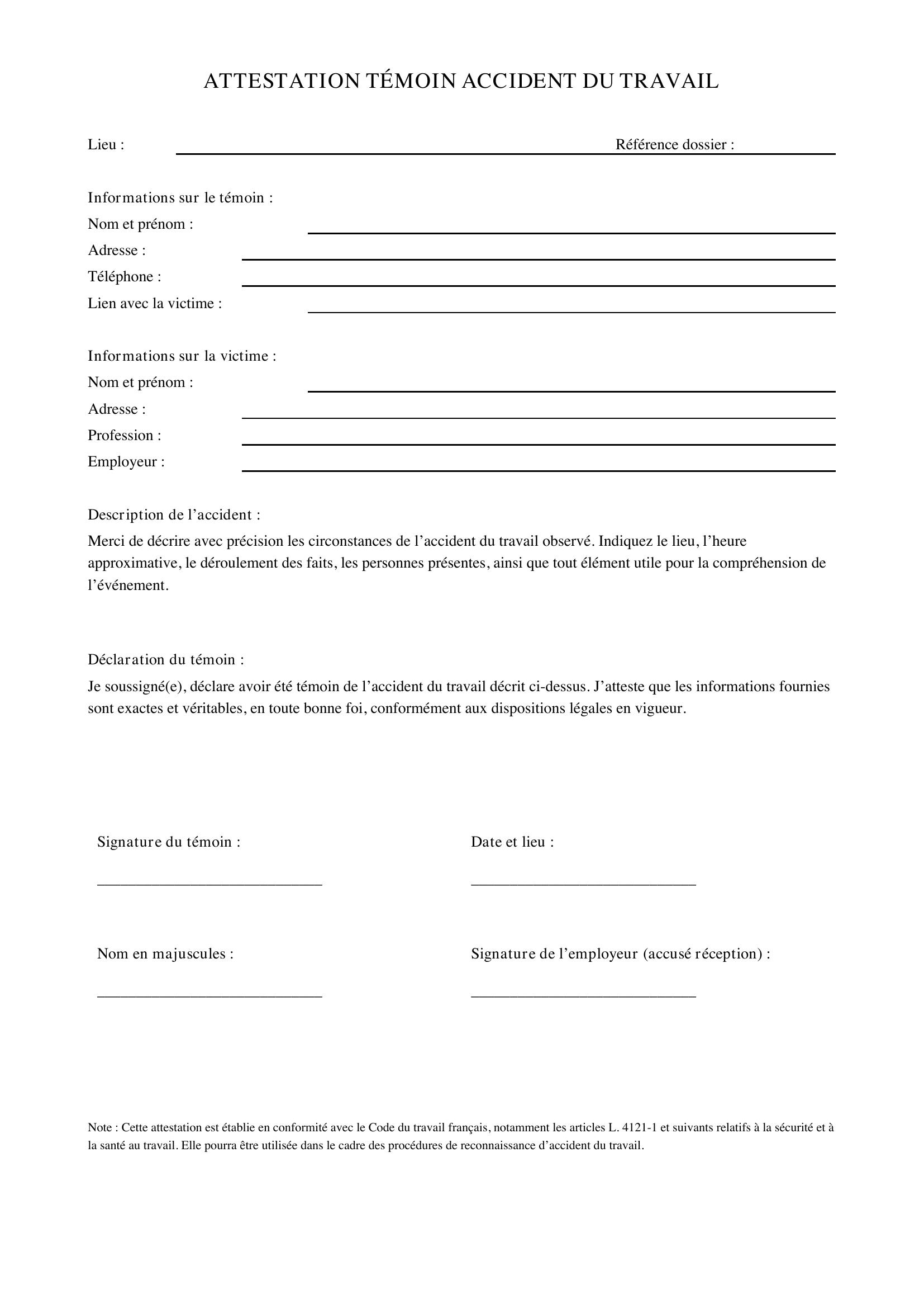Modèle Attestation Témoin Accident Du Travail