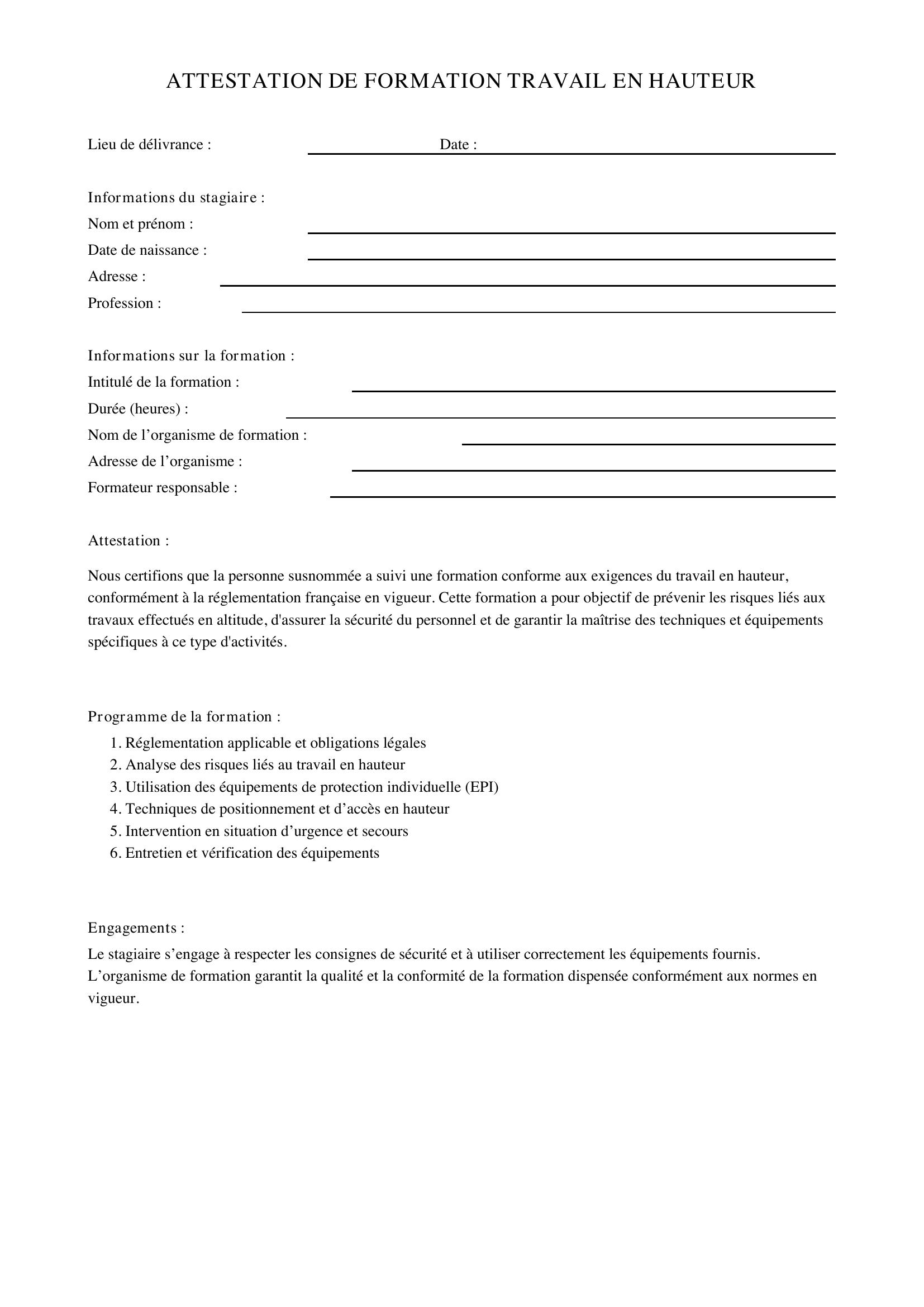 Modèle Attestation Travail En Hauteur