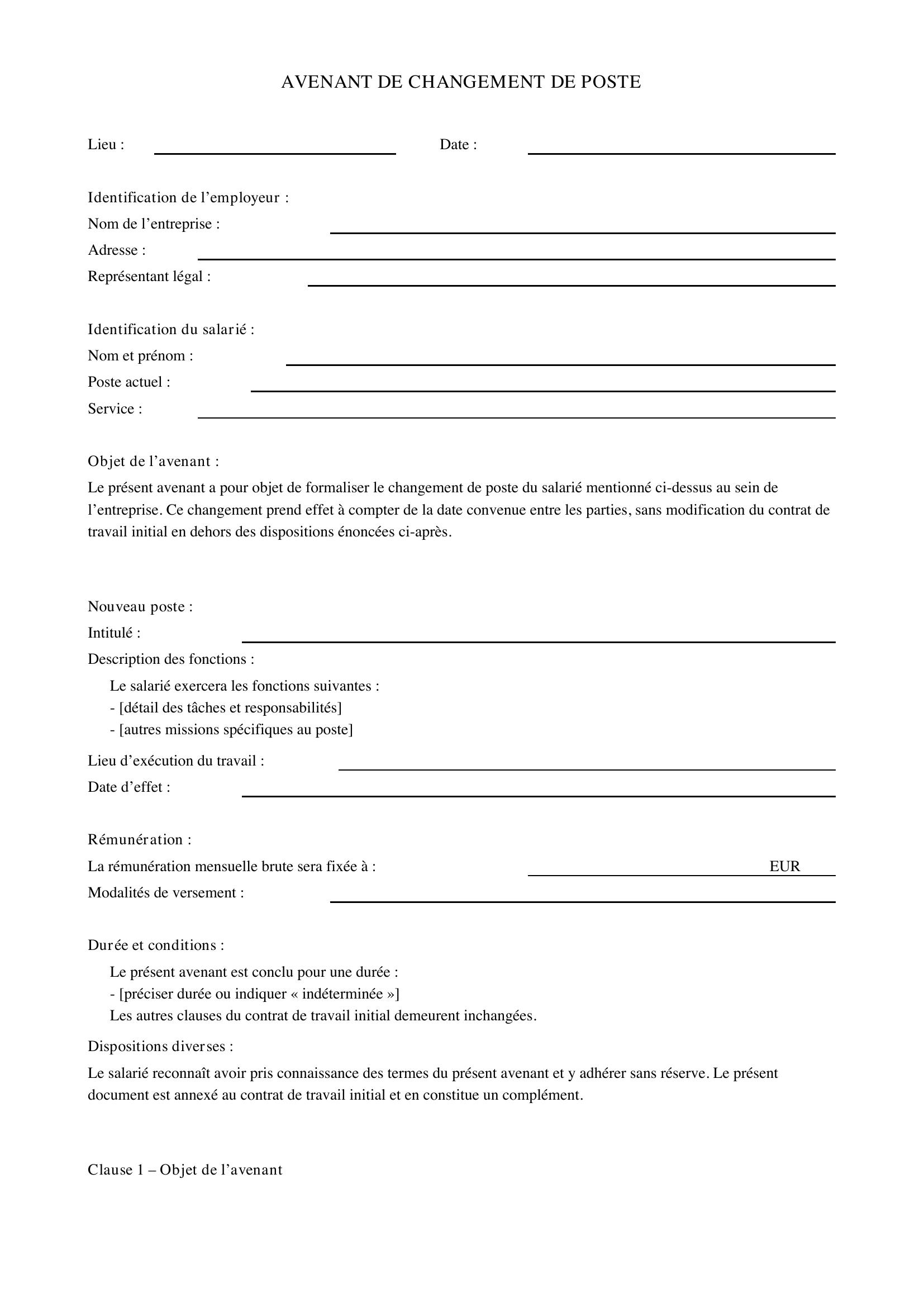 Modèle Avenant Changement De Poste