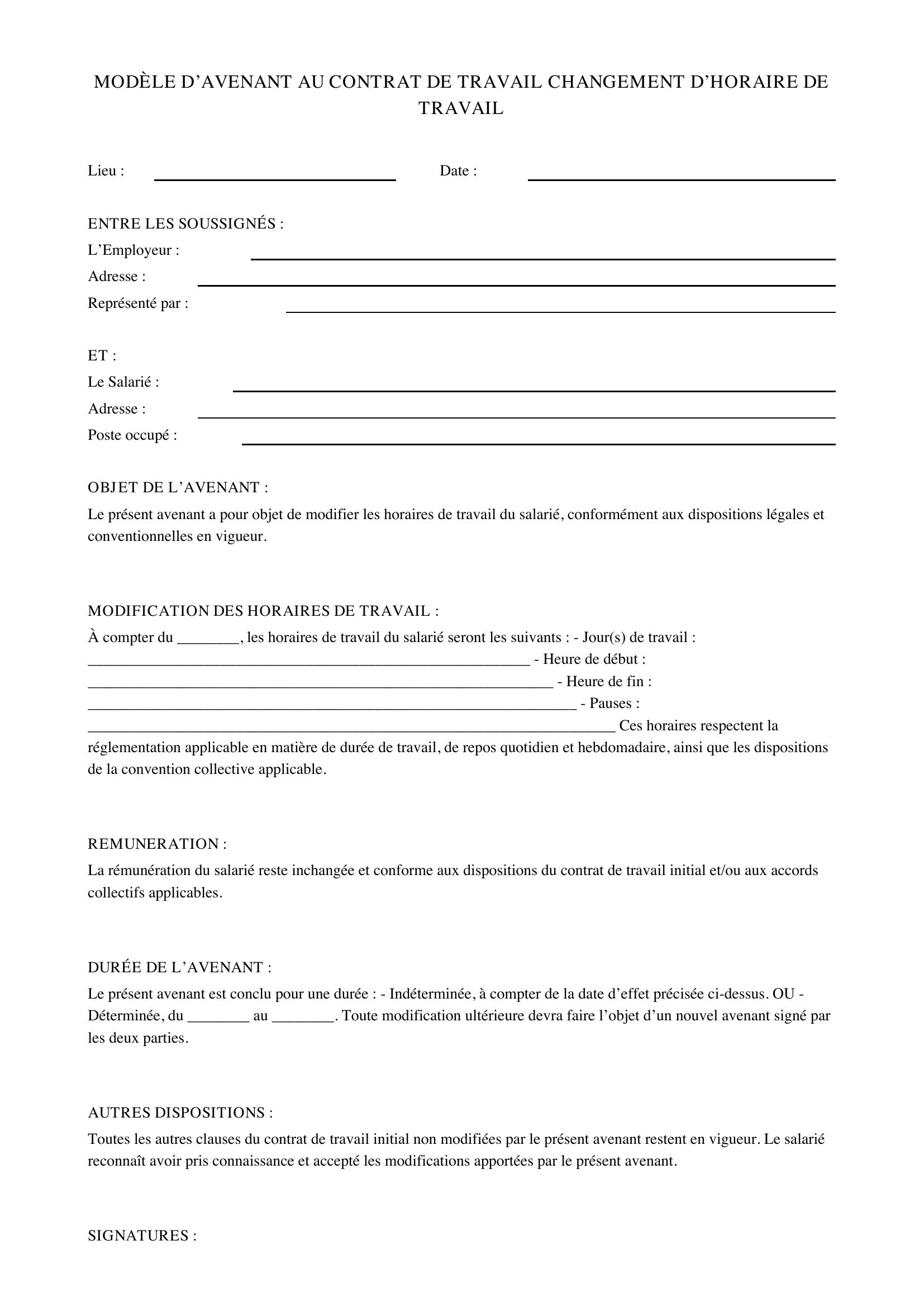 Modèle Avenant Contrat De Travail Changement Horaire
